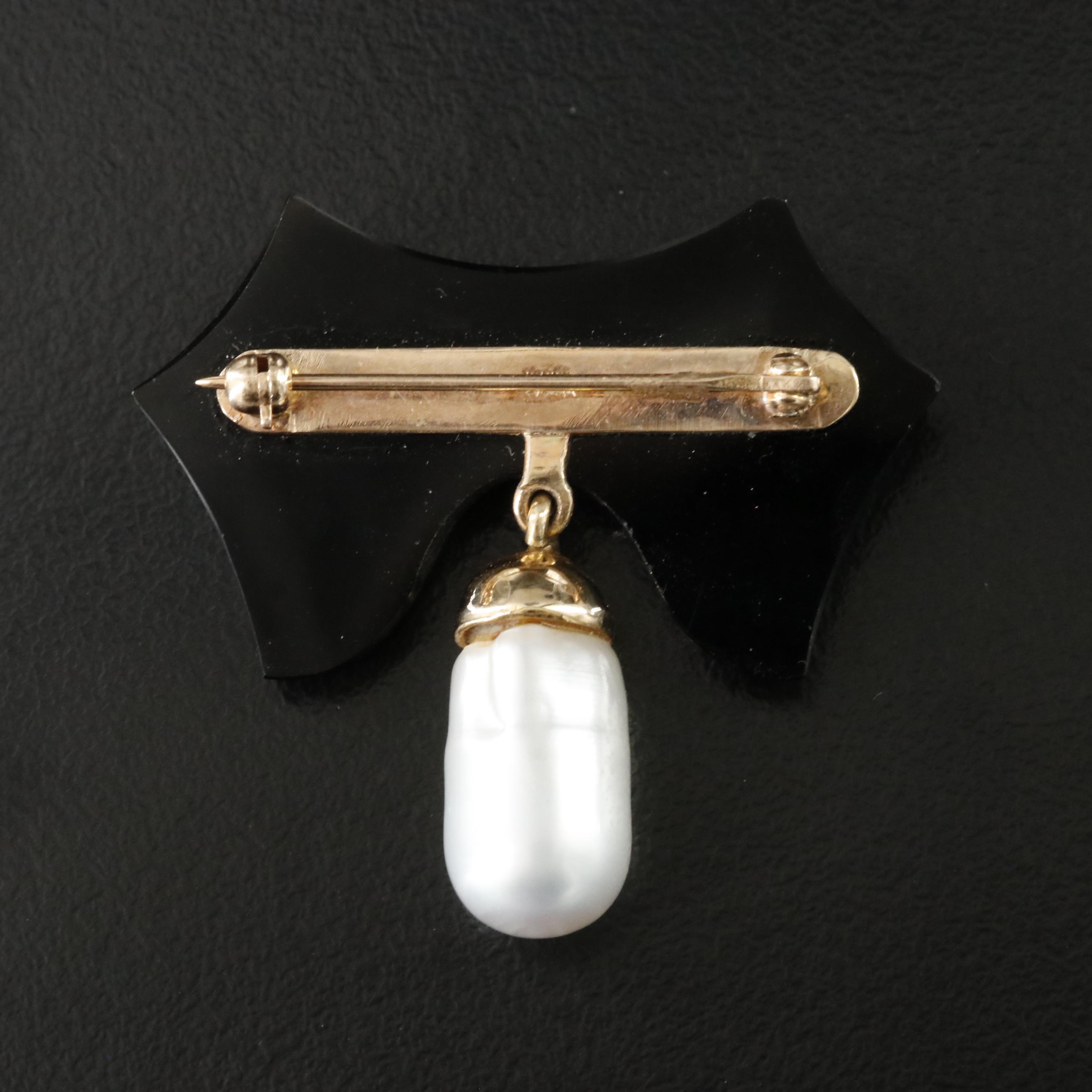 14K Black Onyx and Pearl Brooch