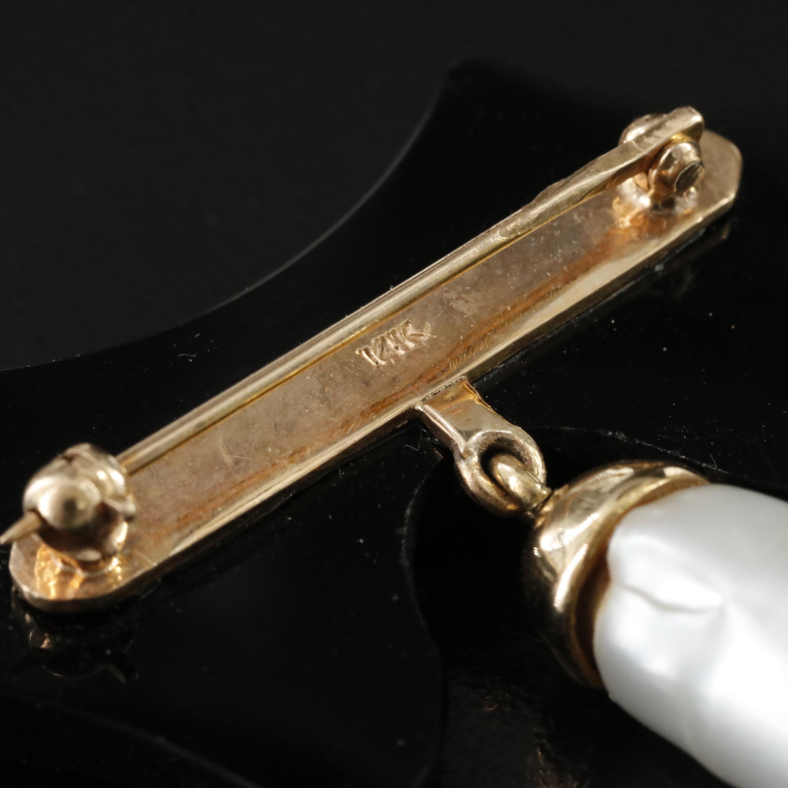 14K Black Onyx and Pearl Brooch