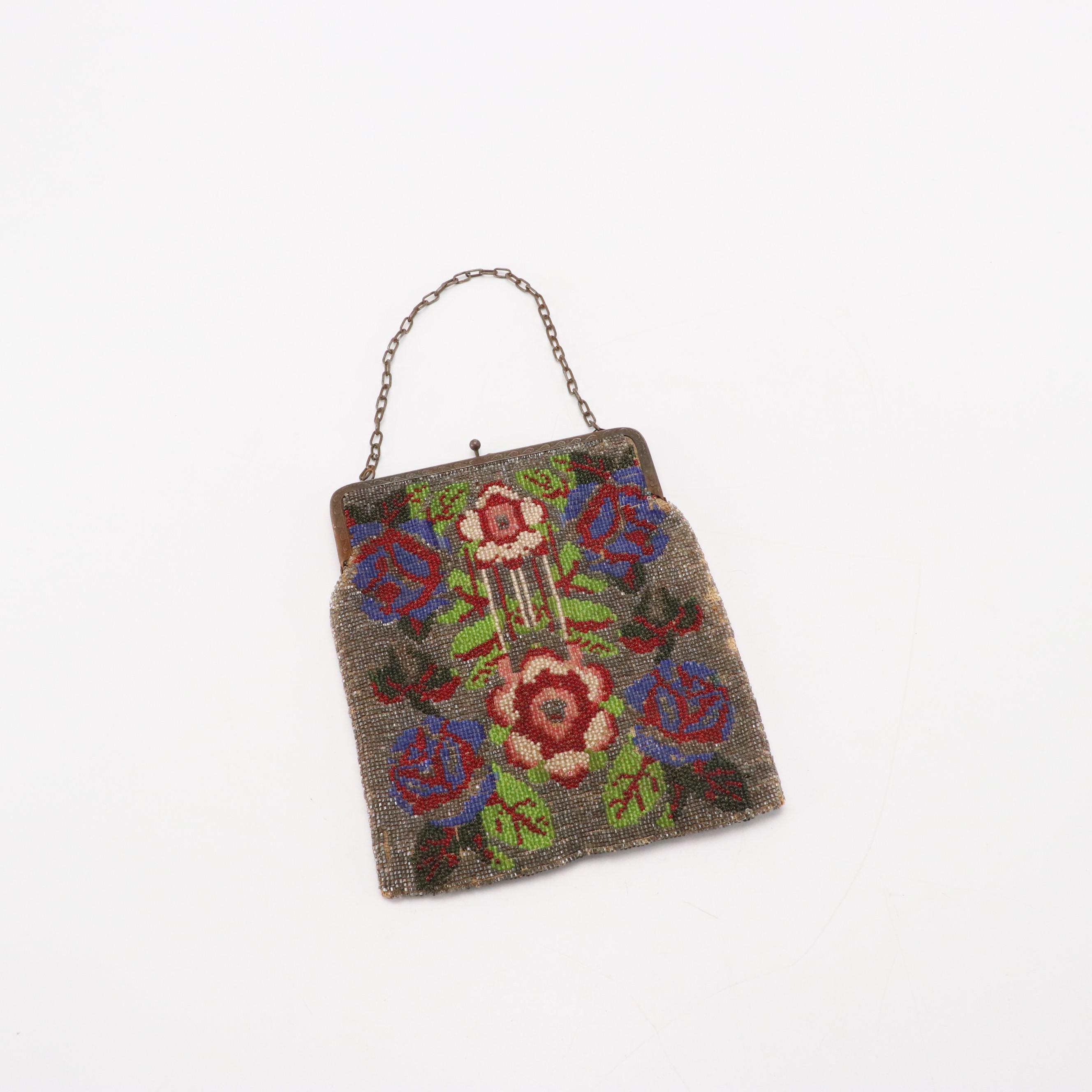 Jemco Frame Tooled Leather Bag, Floral Glass Bead Purse, and Wallet Crossbody