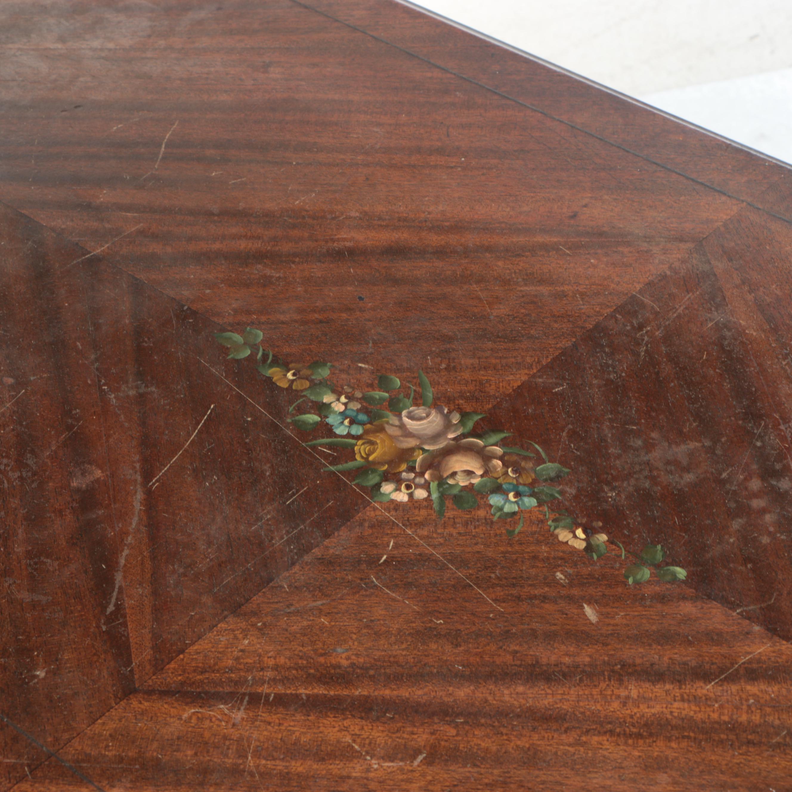 Louis XVI Style Mahogany Finish Hand-Painted Floral Accent Table