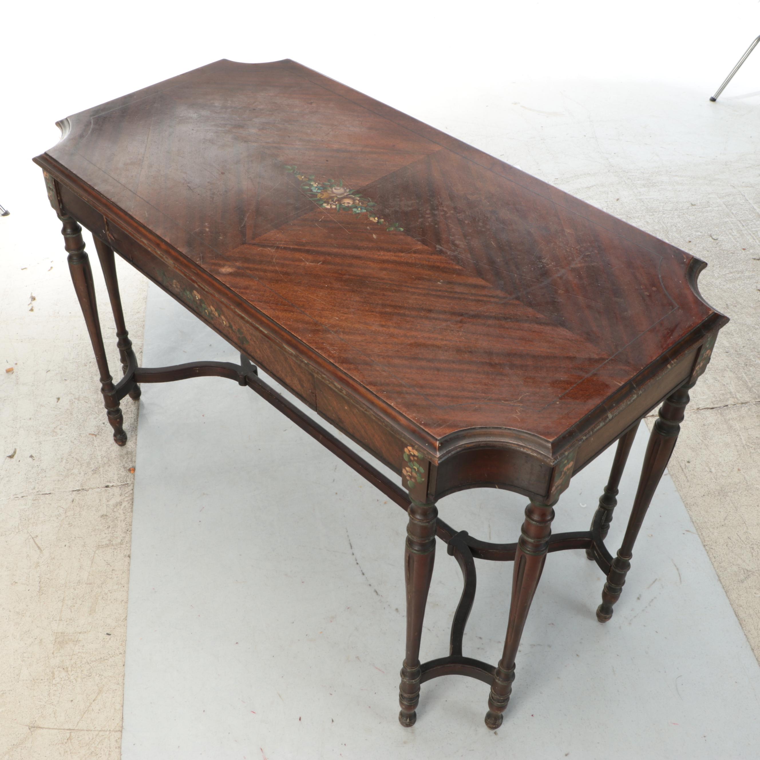 Louis XVI Style Mahogany Finish Hand-Painted Floral Accent Table