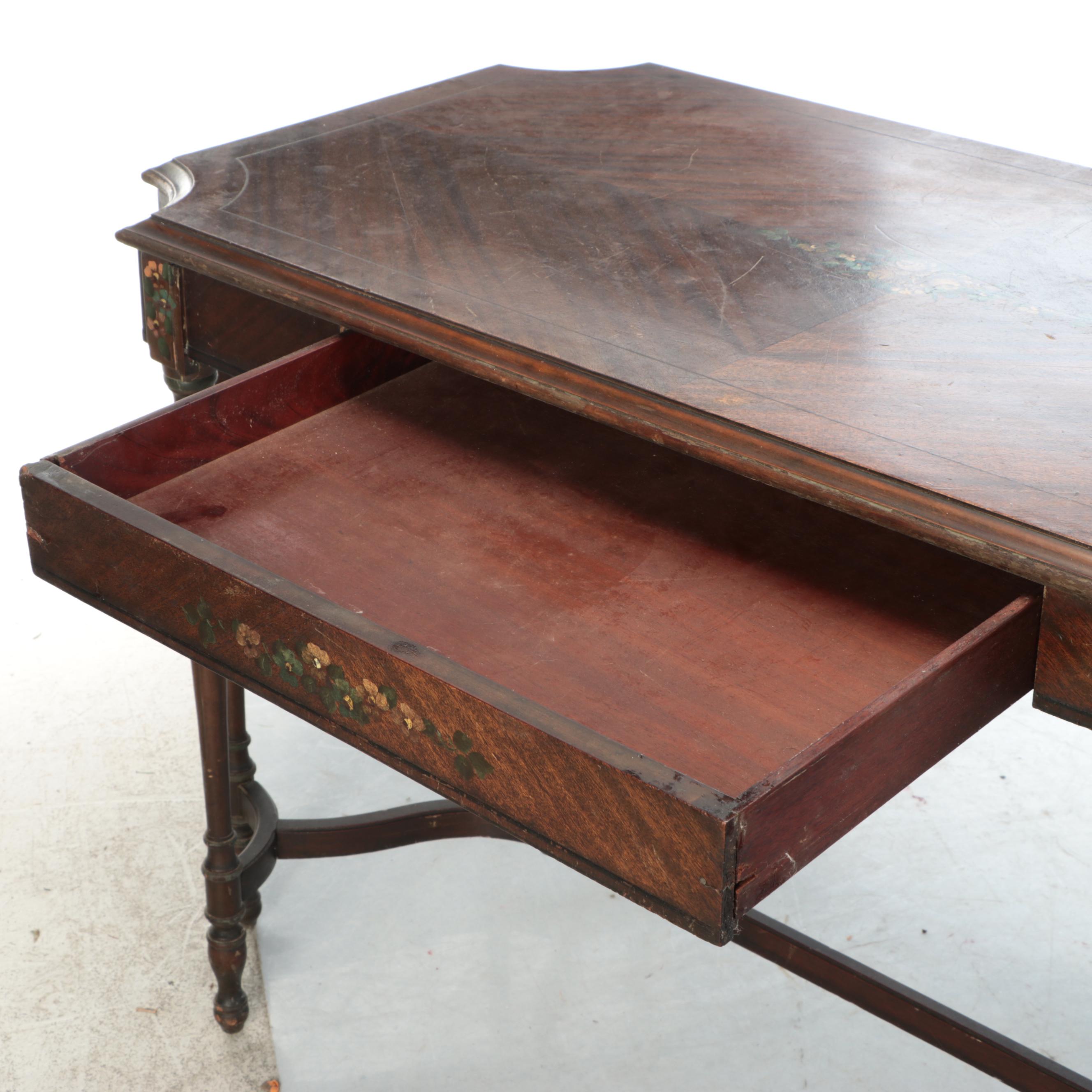 Louis XVI Style Mahogany Finish Hand-Painted Floral Accent Table