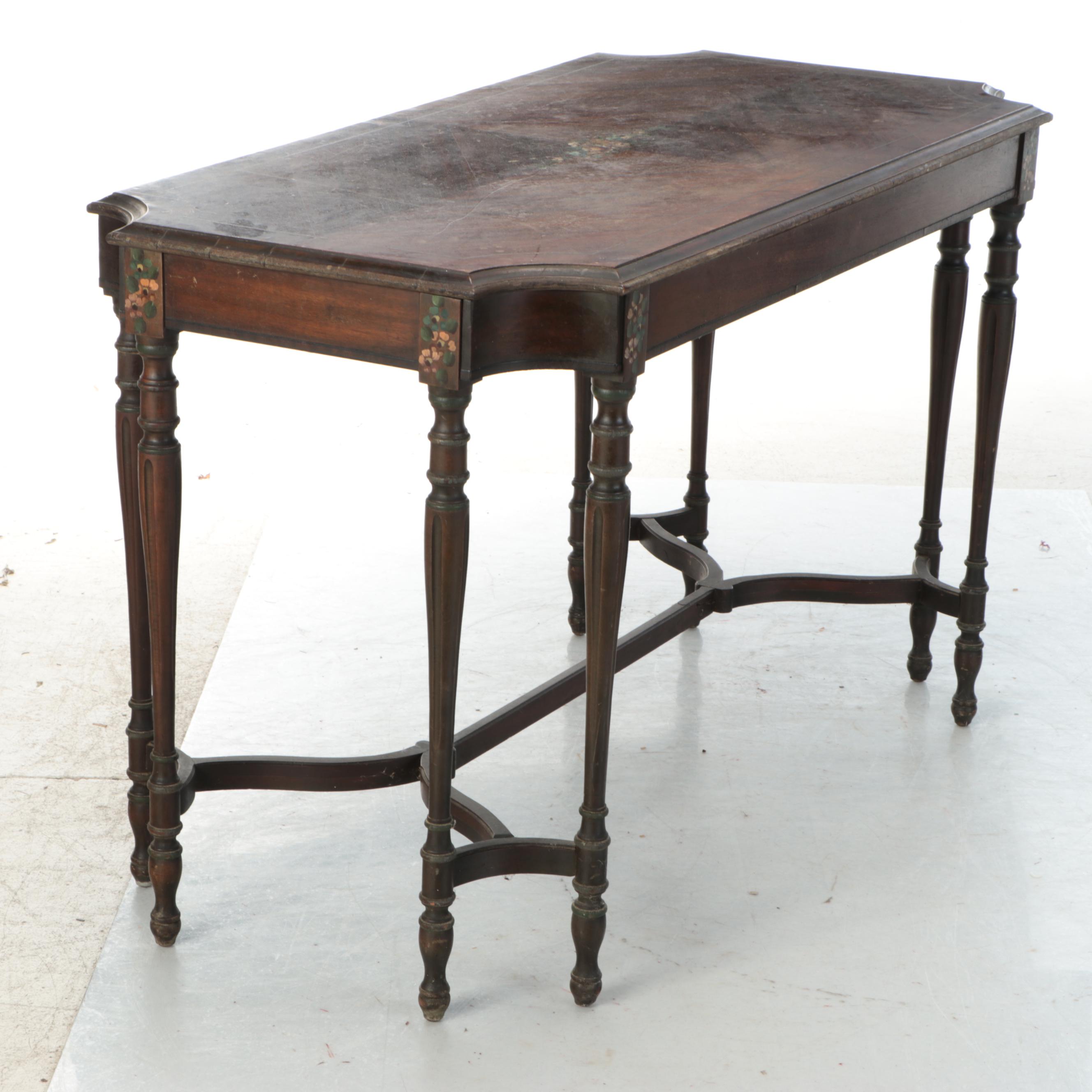 Louis XVI Style Mahogany Finish Hand-Painted Floral Accent Table