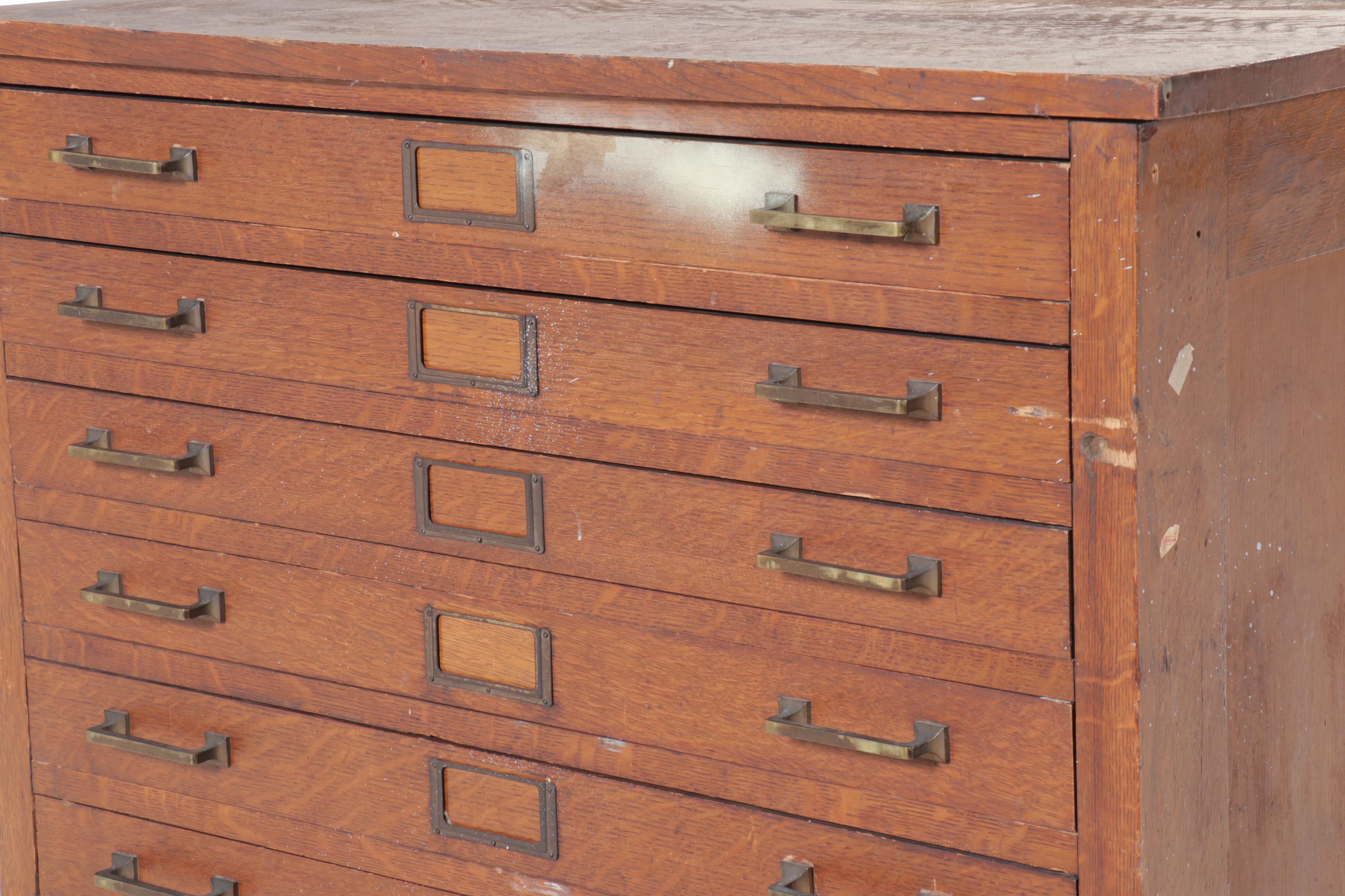 Arts & Crafts Style Nine-Drawer Oak Map Cabinet