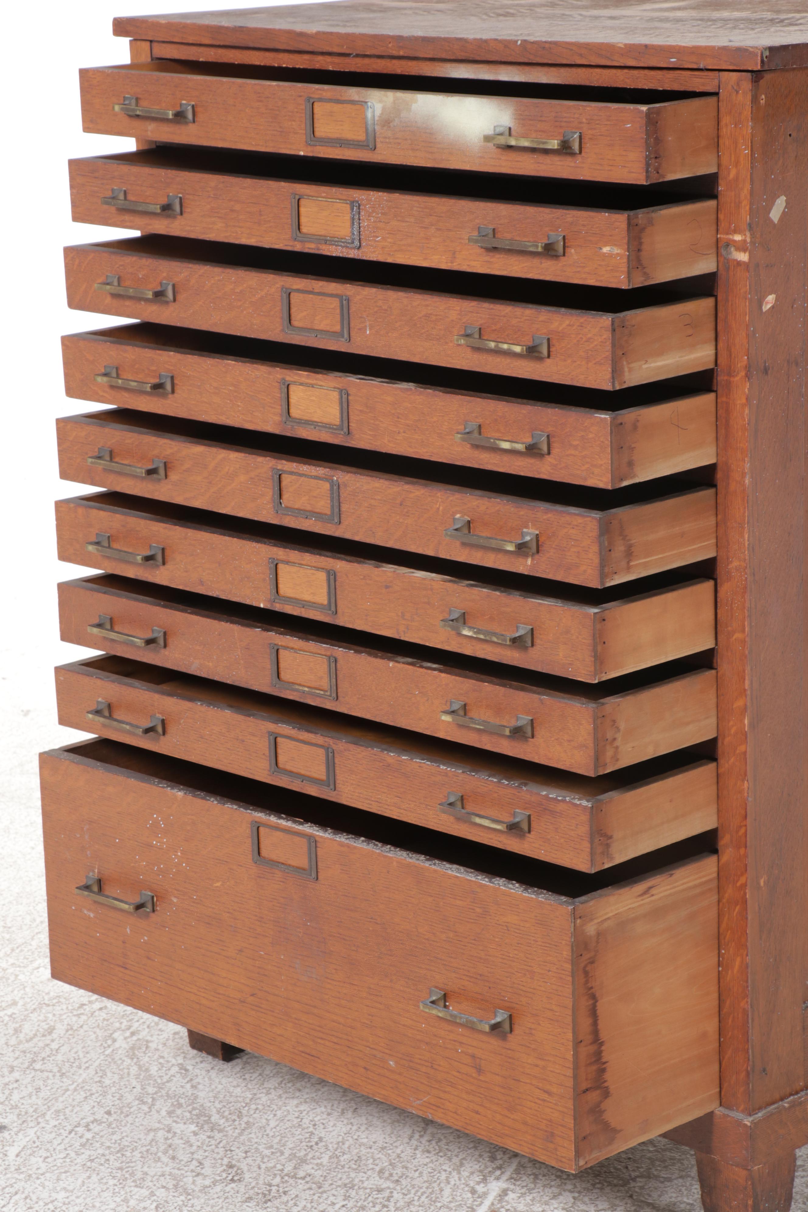 Arts & Crafts Style Nine-Drawer Oak Map Cabinet