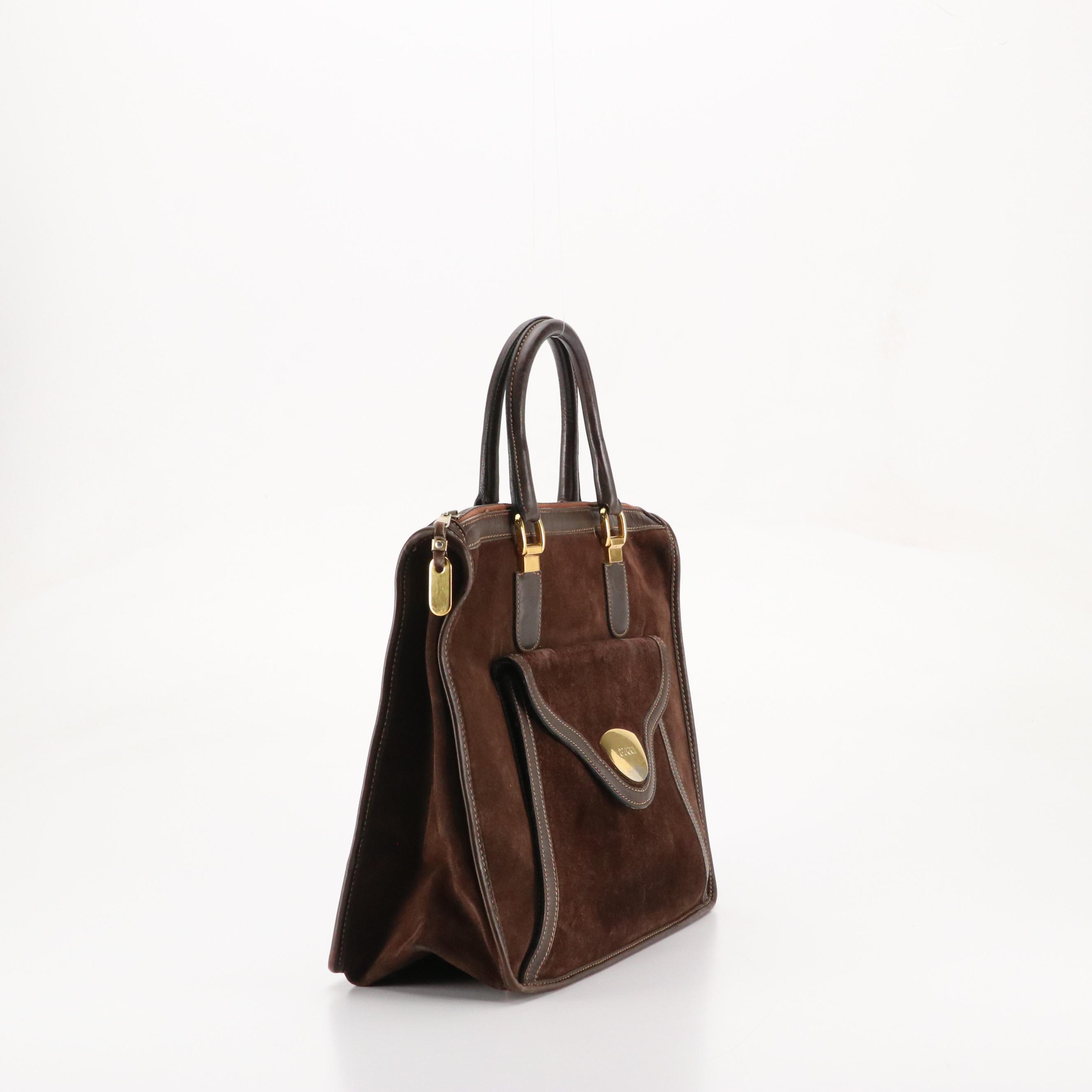 Gucci Brown Suede and Leather Zip Top Handle Tote, 1970s