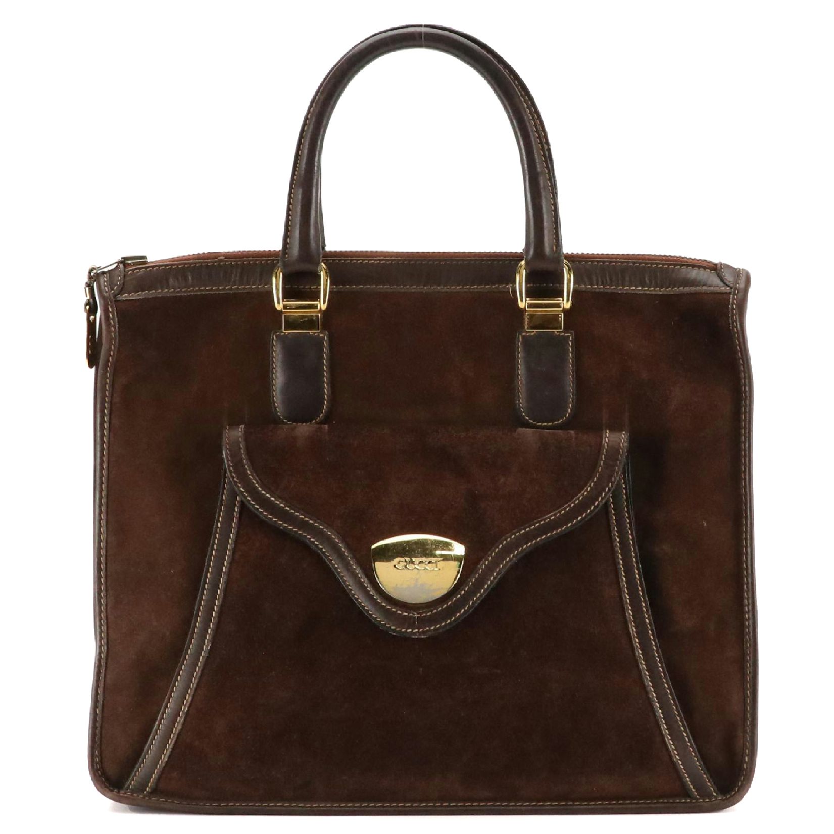 Gucci Brown Suede and Leather Zip Top Handle Tote, 1970s