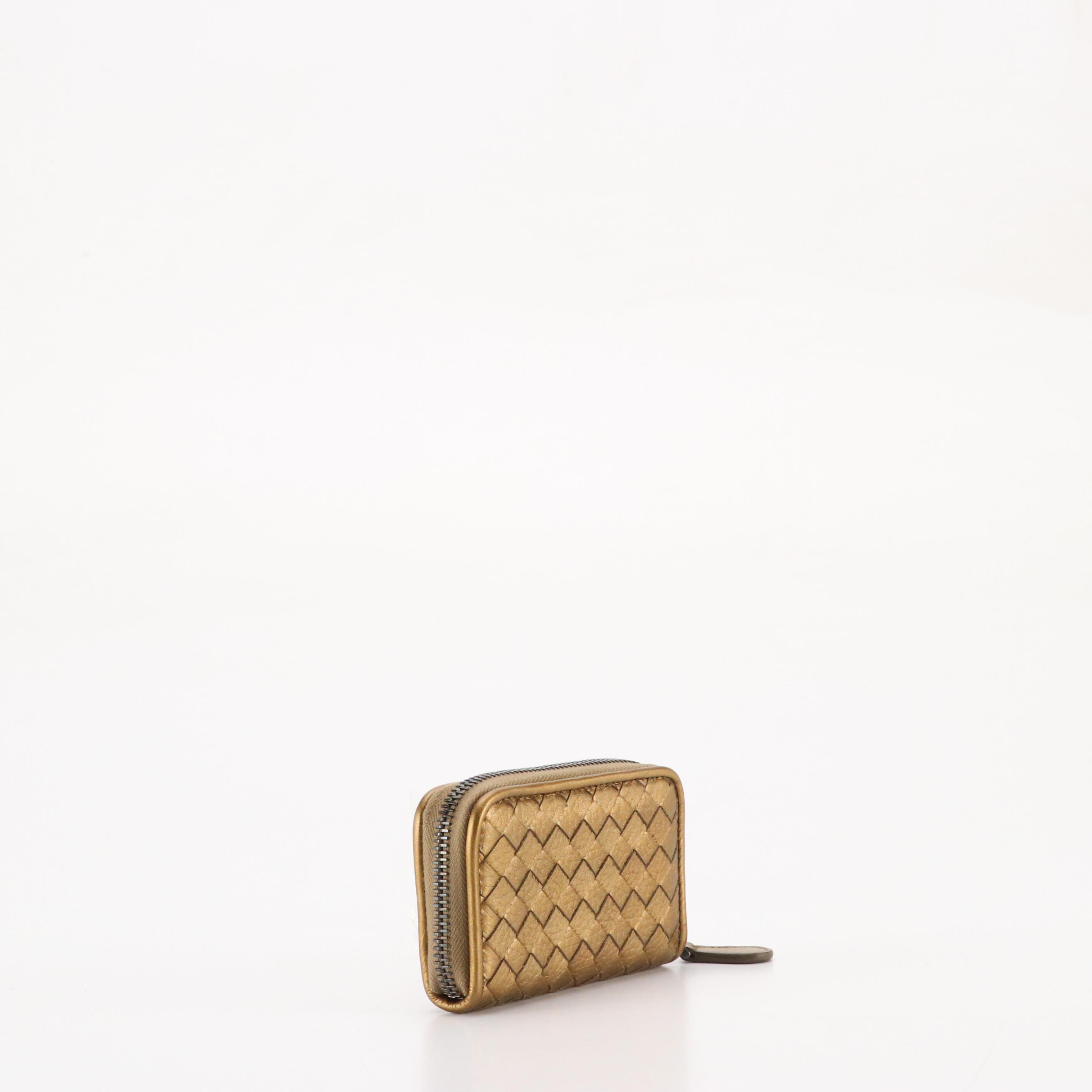 Bottega Veneta Mini Zip-Around Card Case in Bronze Intrecciato Leather, With Box
