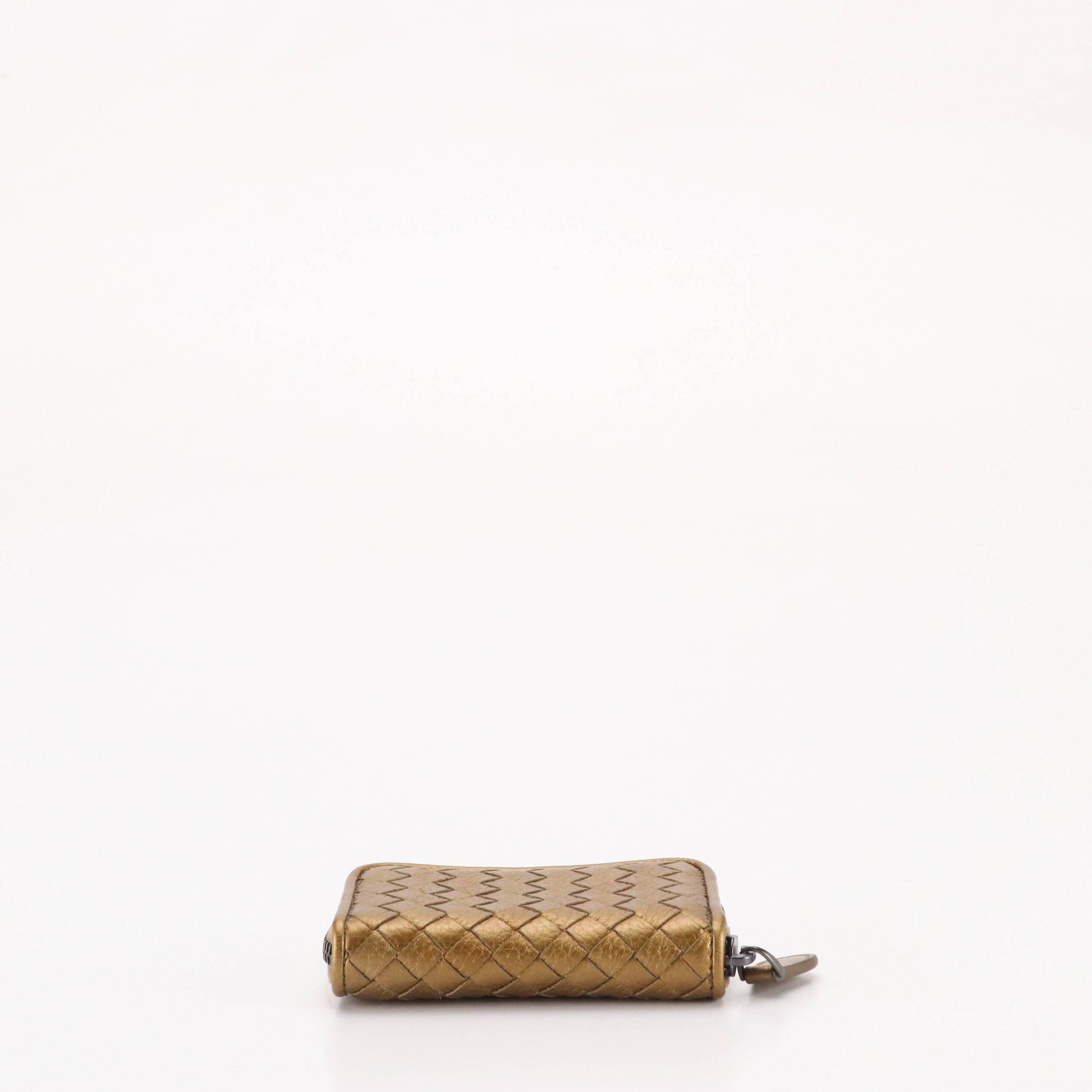 Bottega Veneta Mini Zip-Around Card Case in Bronze Intrecciato Leather, With Box