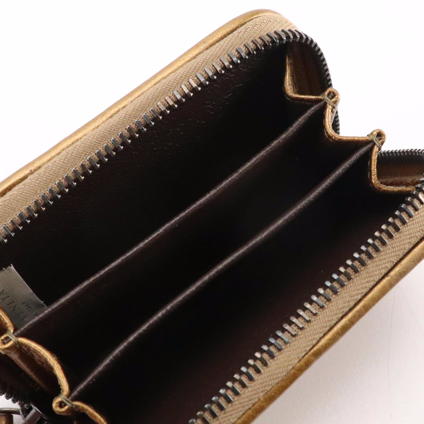 Bottega Veneta Mini Zip-Around Card Case in Bronze Intrecciato Leather, With Box