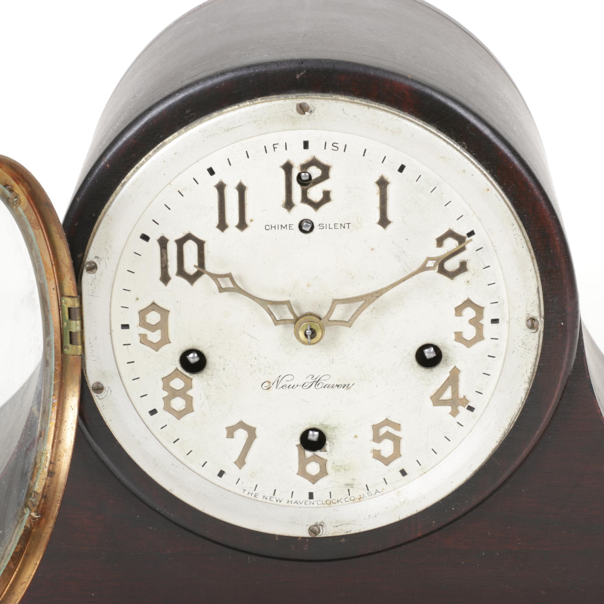 New Haven Clock Co. Mahogany Tambour Mantel Clock, Early 20th Century