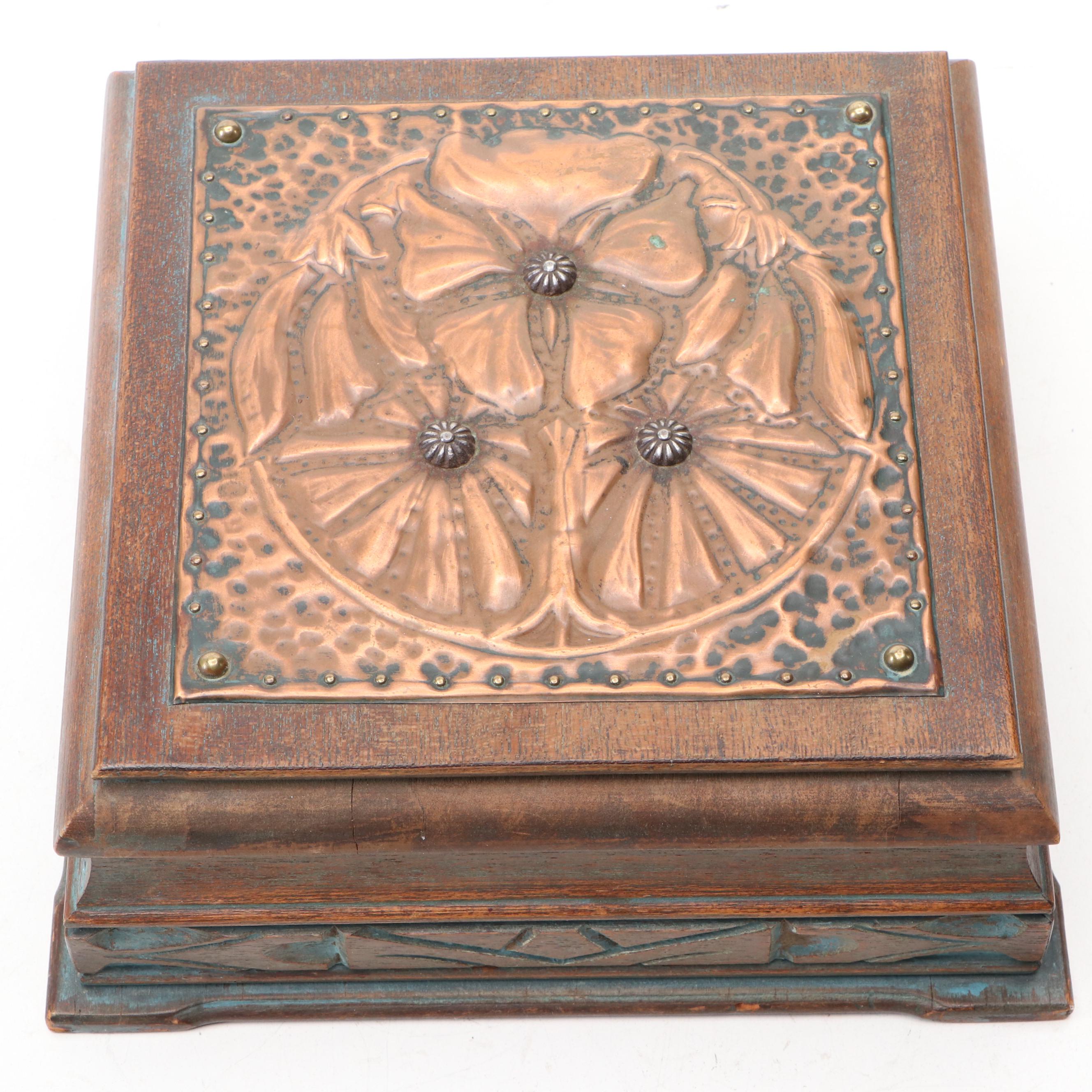 Arts and Crafts Style Hammered Copper Floral Box with Paperweight