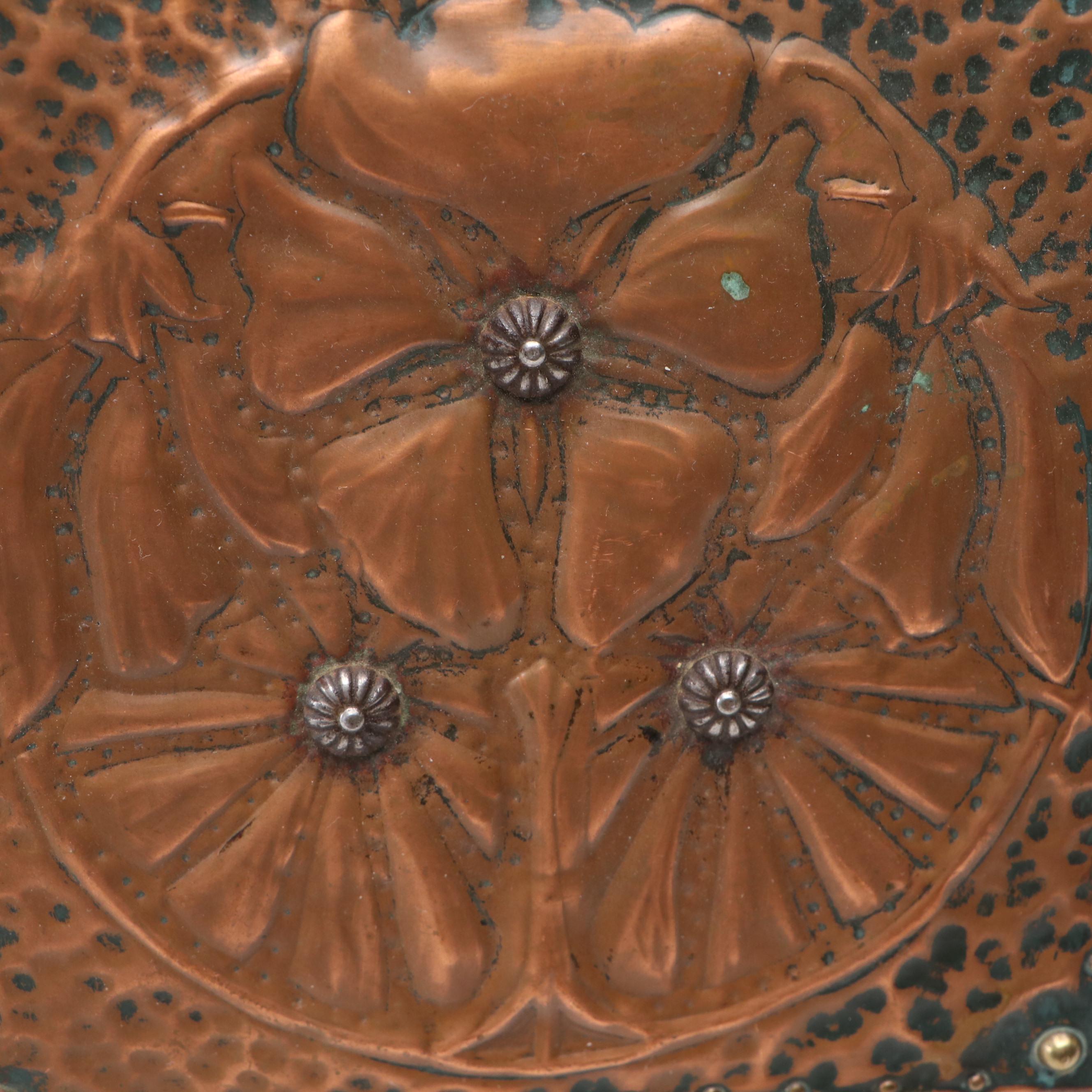 Arts and Crafts Style Hammered Copper Floral Box with Paperweight