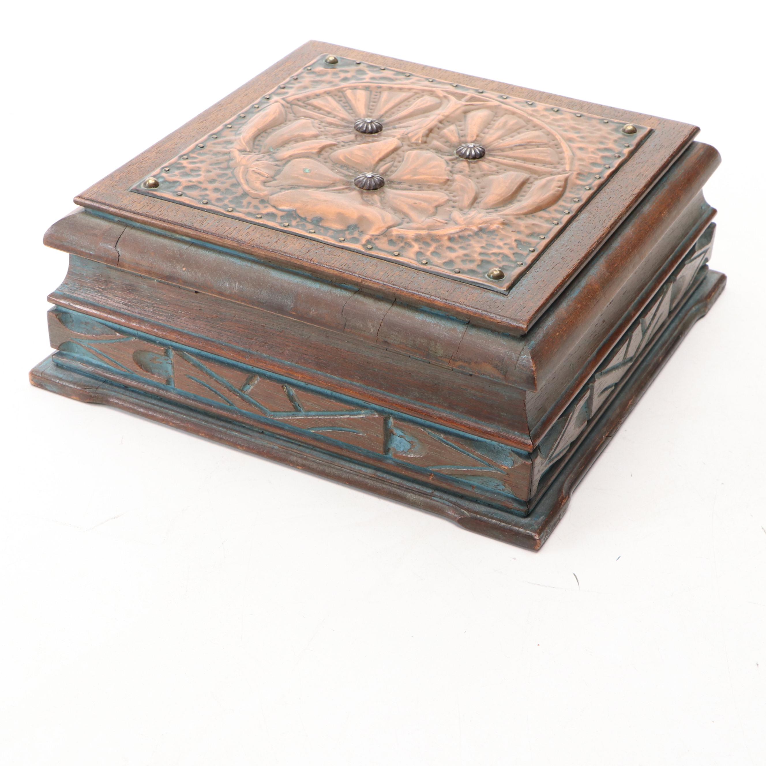 Arts and Crafts Style Hammered Copper Floral Box with Paperweight