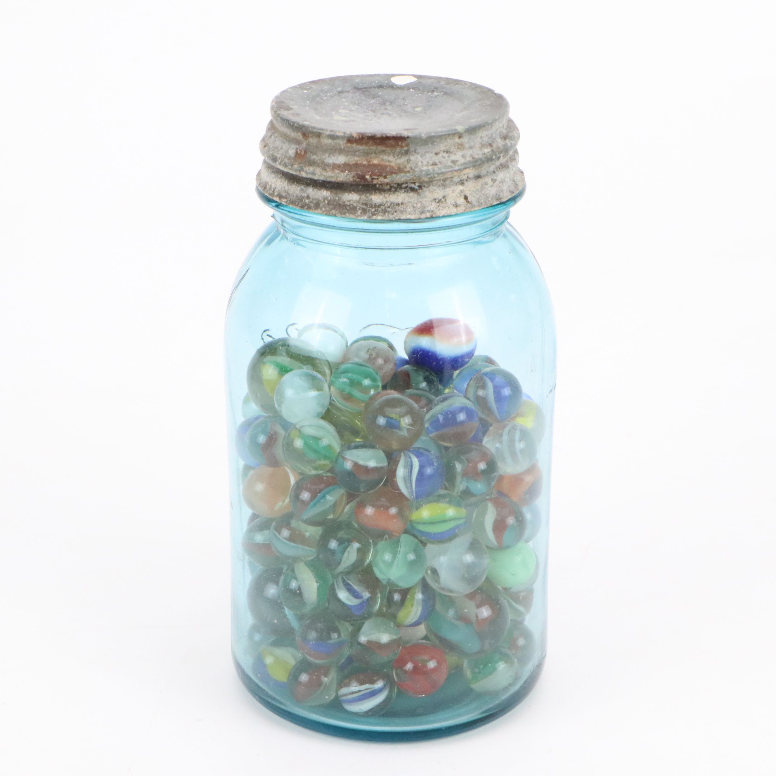 Cat's Eye, Shooters and Other Marbles in Ball Jars with Other Bottle of Jacks