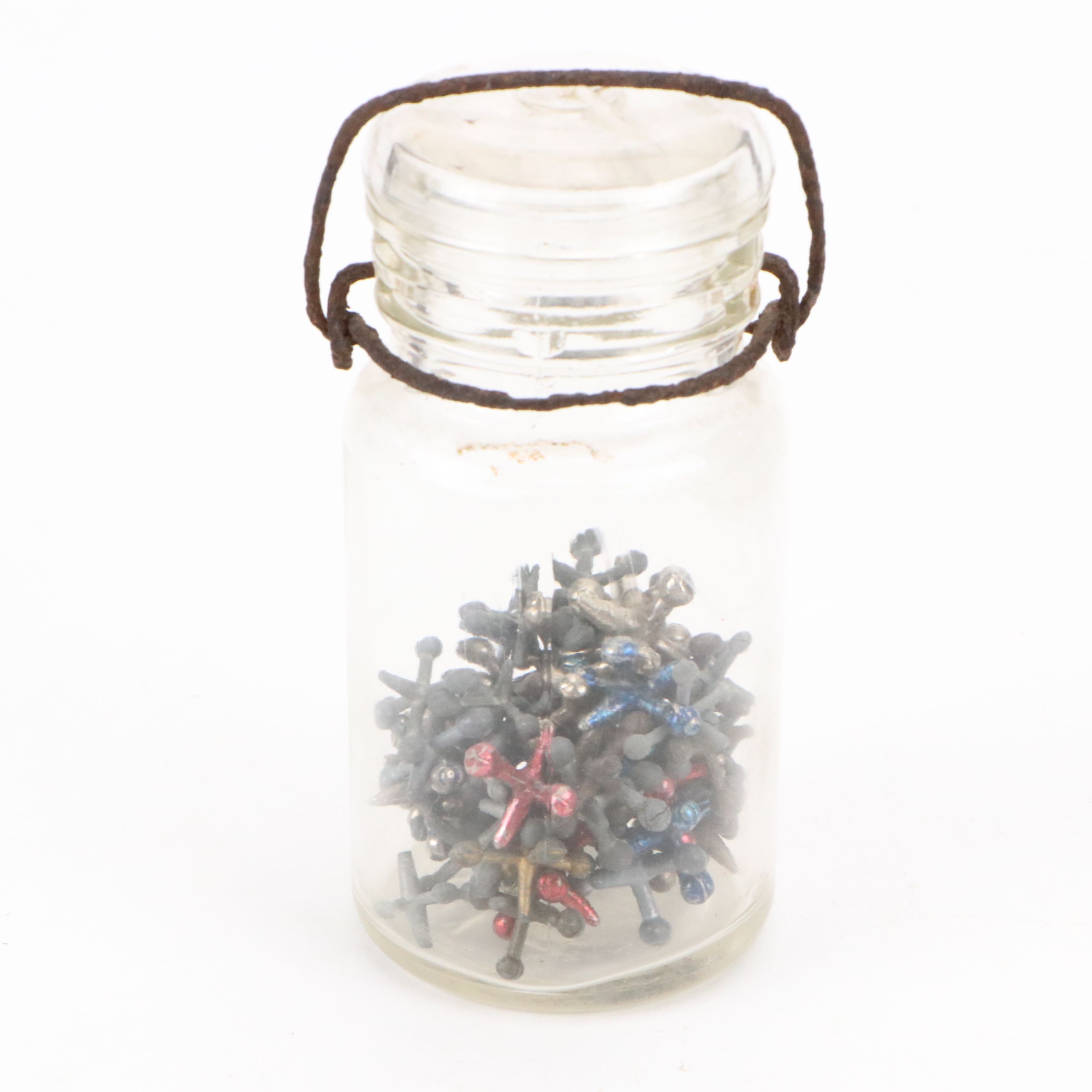 Cat's Eye, Shooters and Other Marbles in Ball Jars with Other Bottle of Jacks