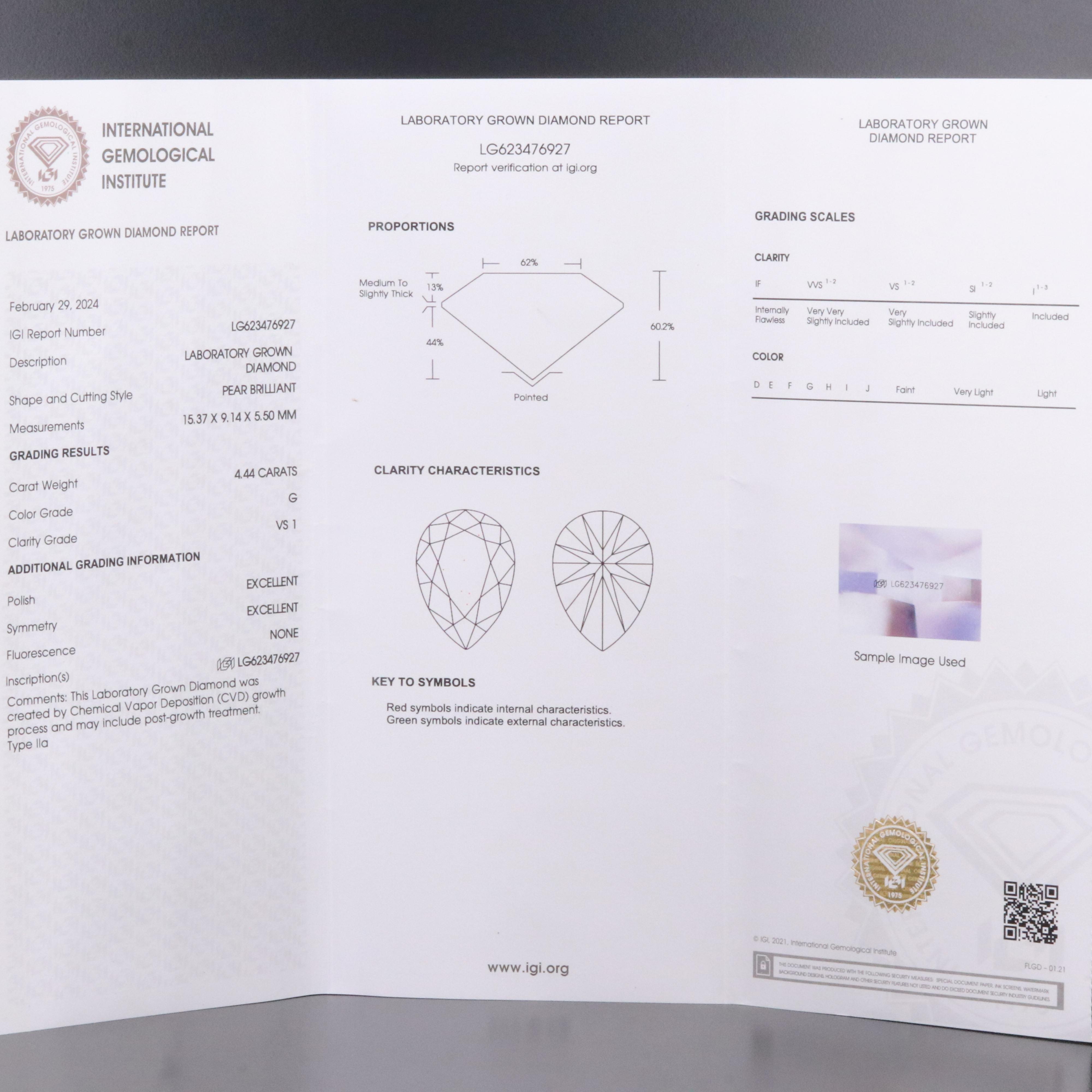 14K 4.44 CT Lab Grown Diamond Solitaire Pendant Necklace with IGI Report