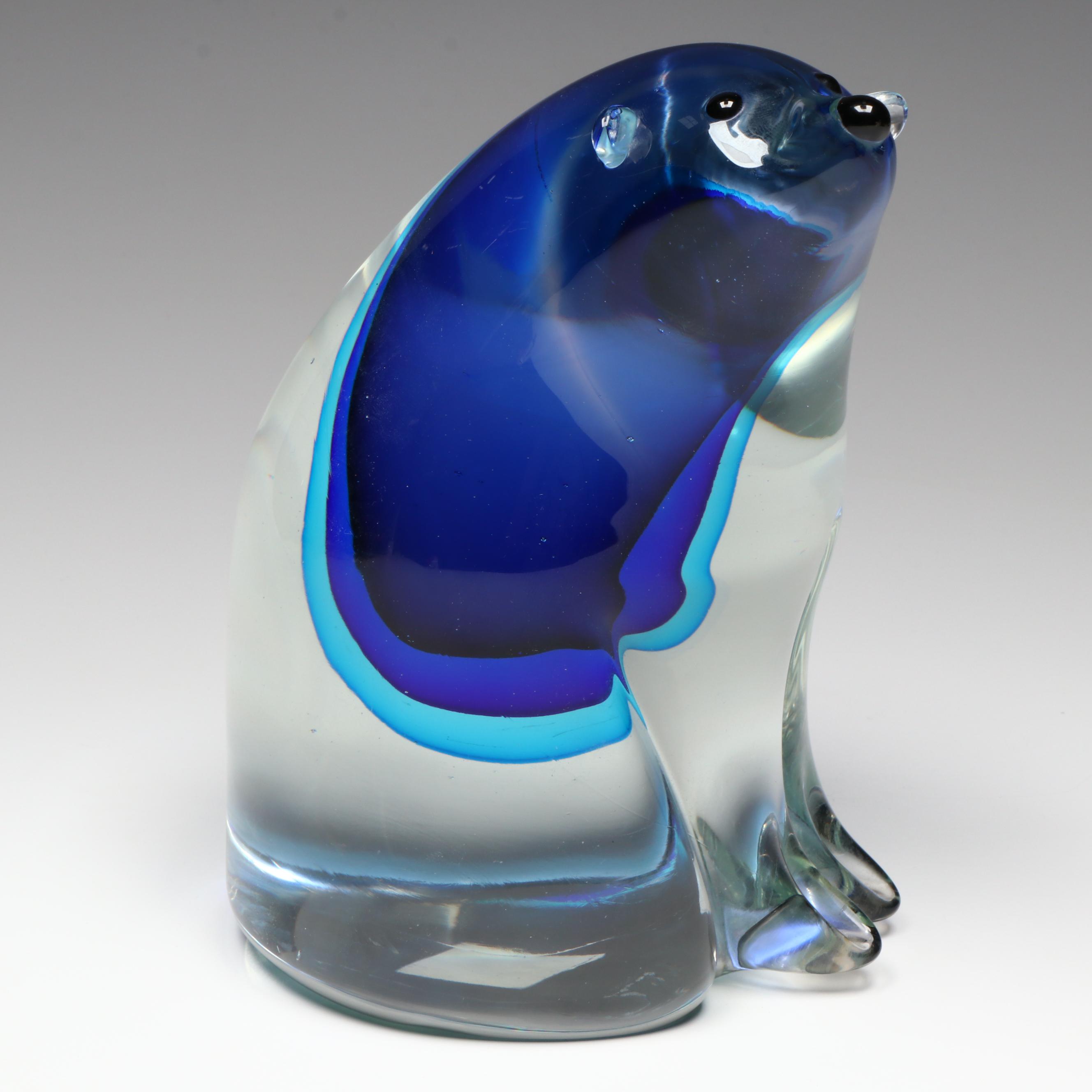 Murano Style Handcrafted Blue Sommerso Art Glass Polar Bear