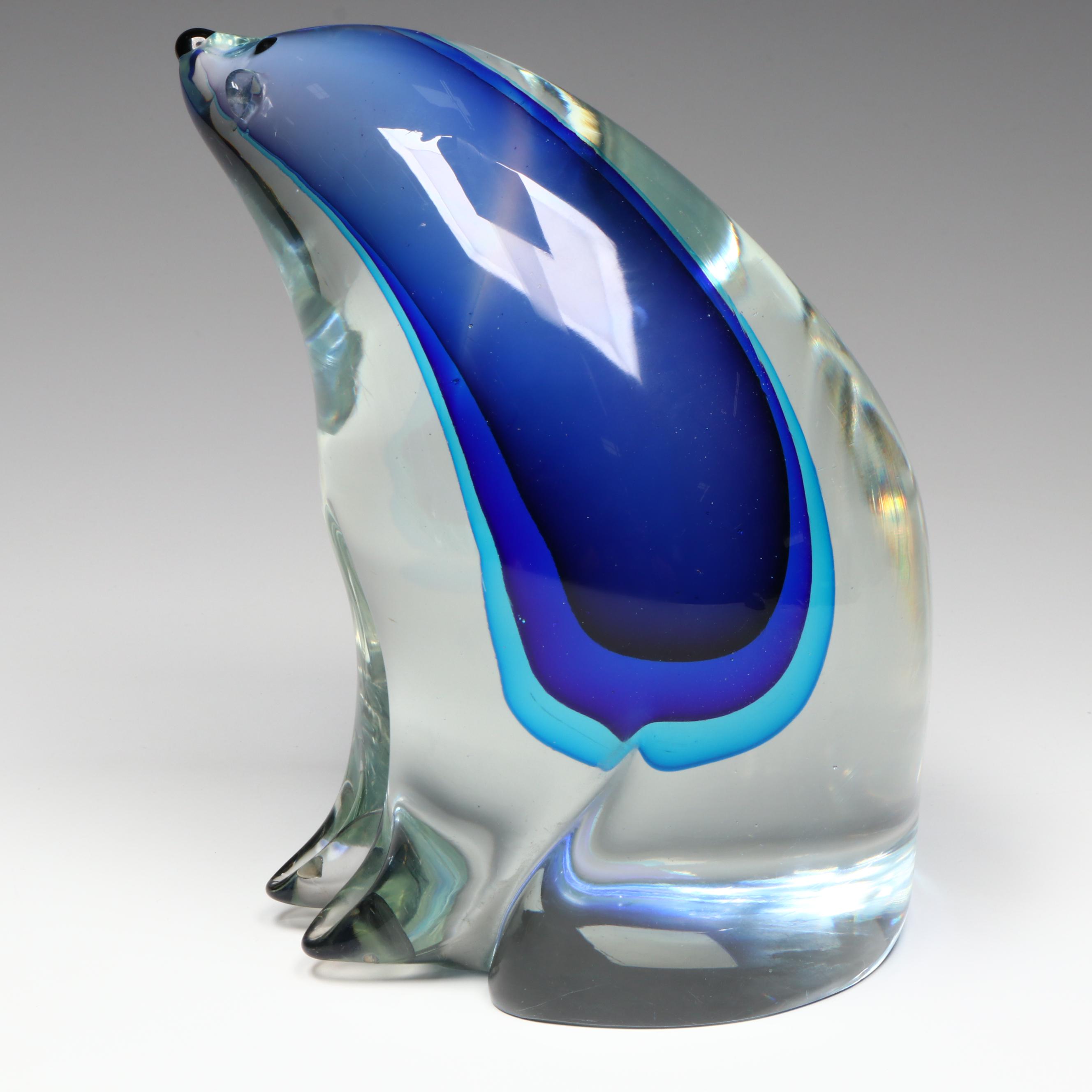 Murano Style Handcrafted Blue Sommerso Art Glass Polar Bear