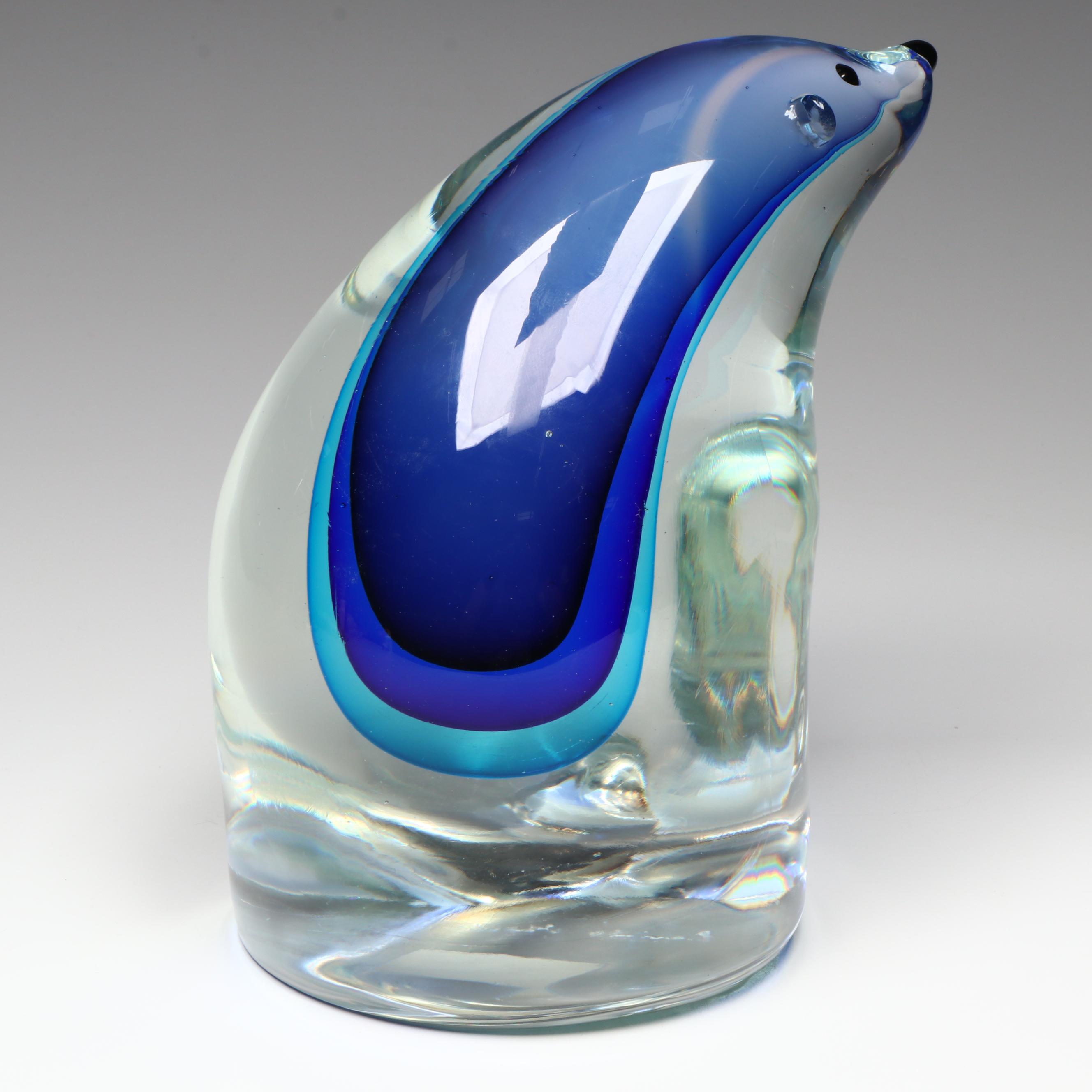 Murano Style Handcrafted Blue Sommerso Art Glass Polar Bear