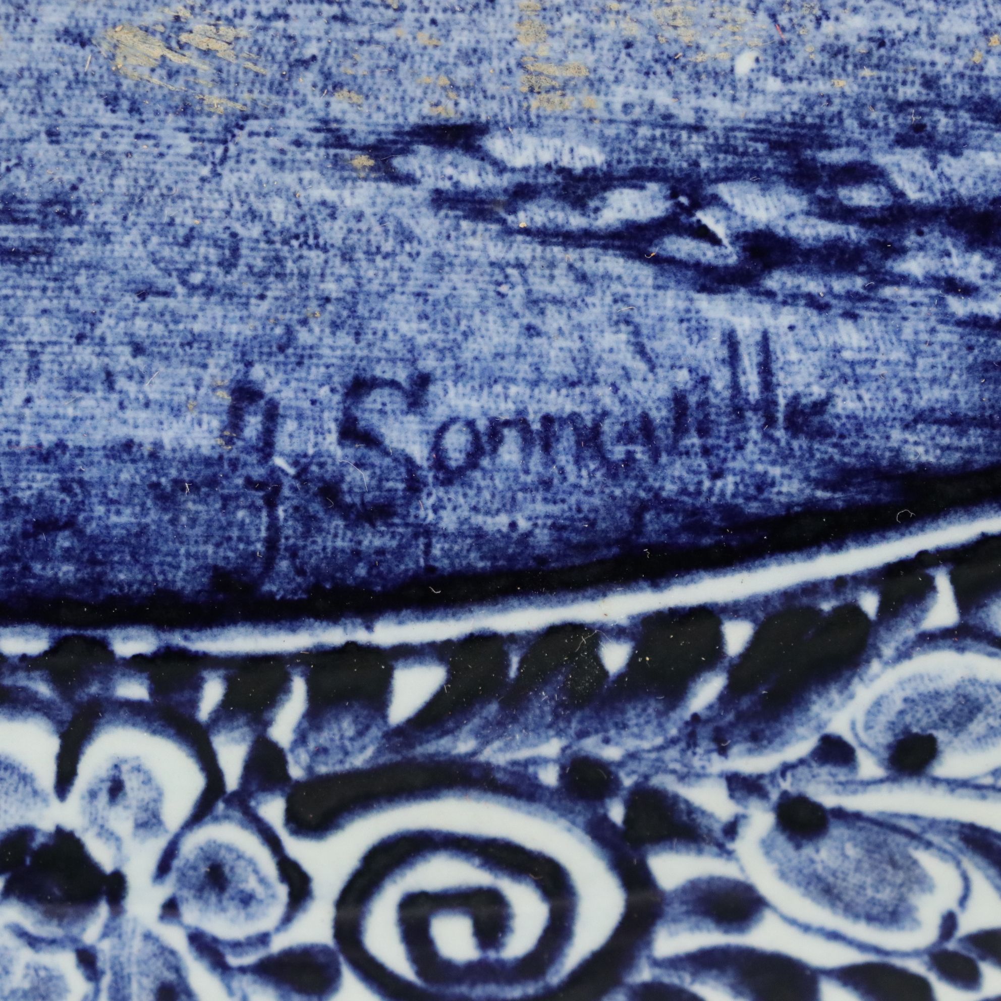 Three Boch Belgian Delfts Chargers with J. Sonneville Landscape Scenes