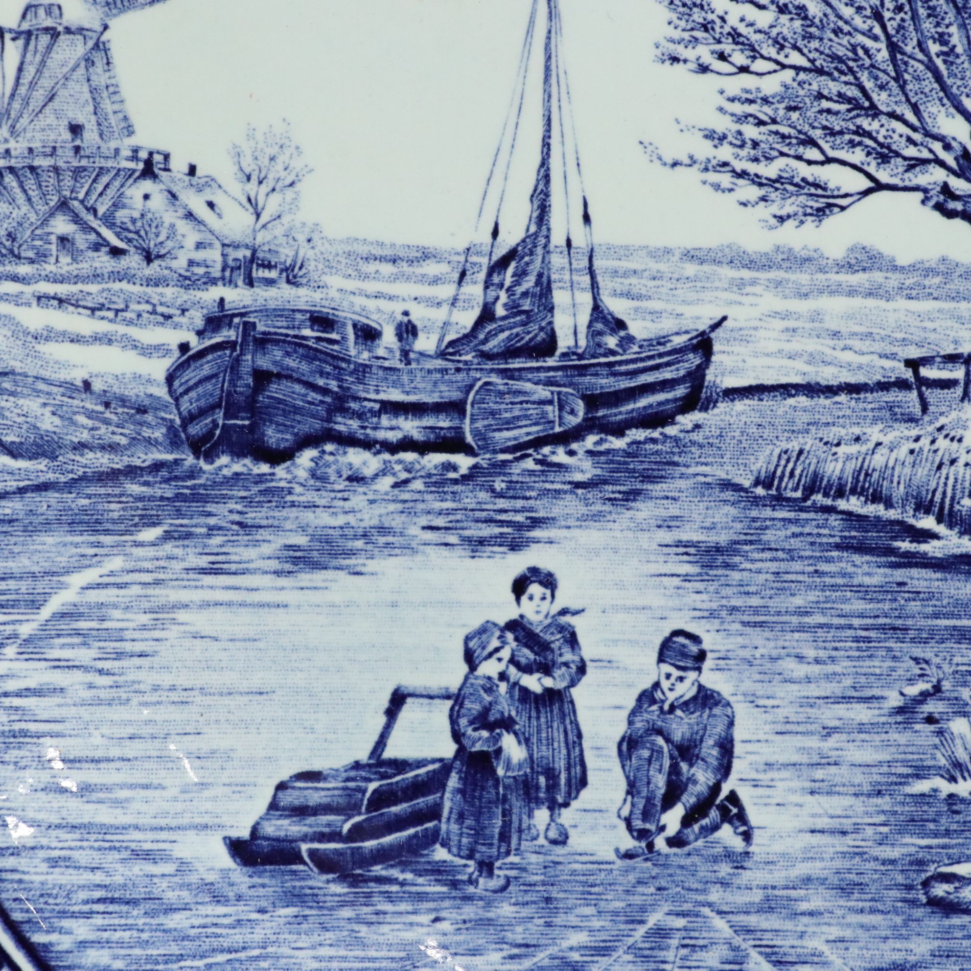 Three Boch Belgian Delfts Chargers with J. Sonneville Landscape Scenes