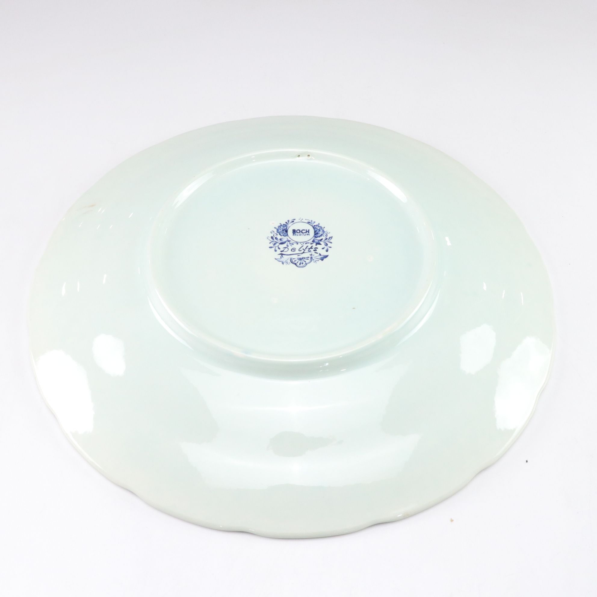 Three Boch Belgian Delfts Chargers with J. Sonneville Landscape Scenes