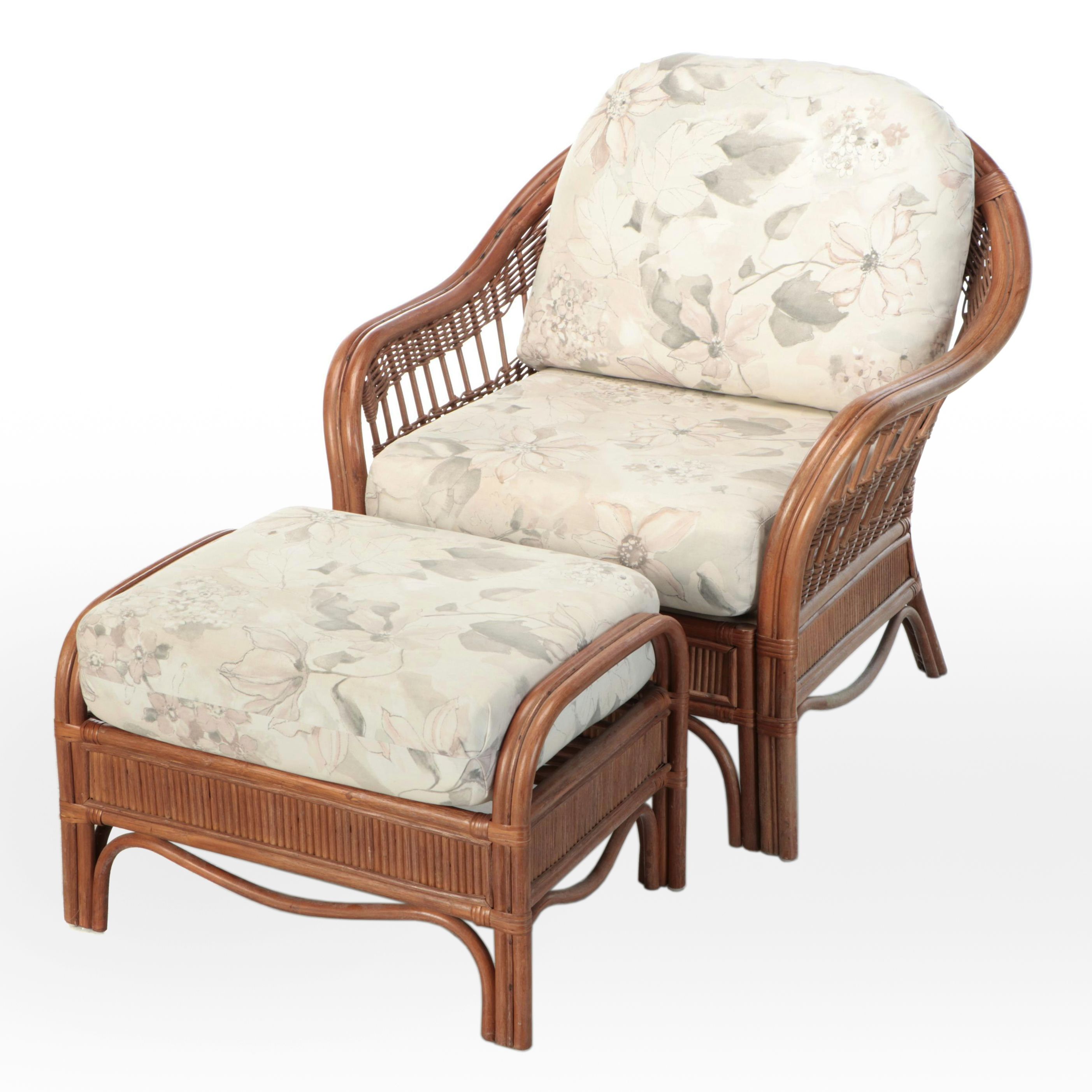 Floral Upholstered Wicker Armchair with Ottoman