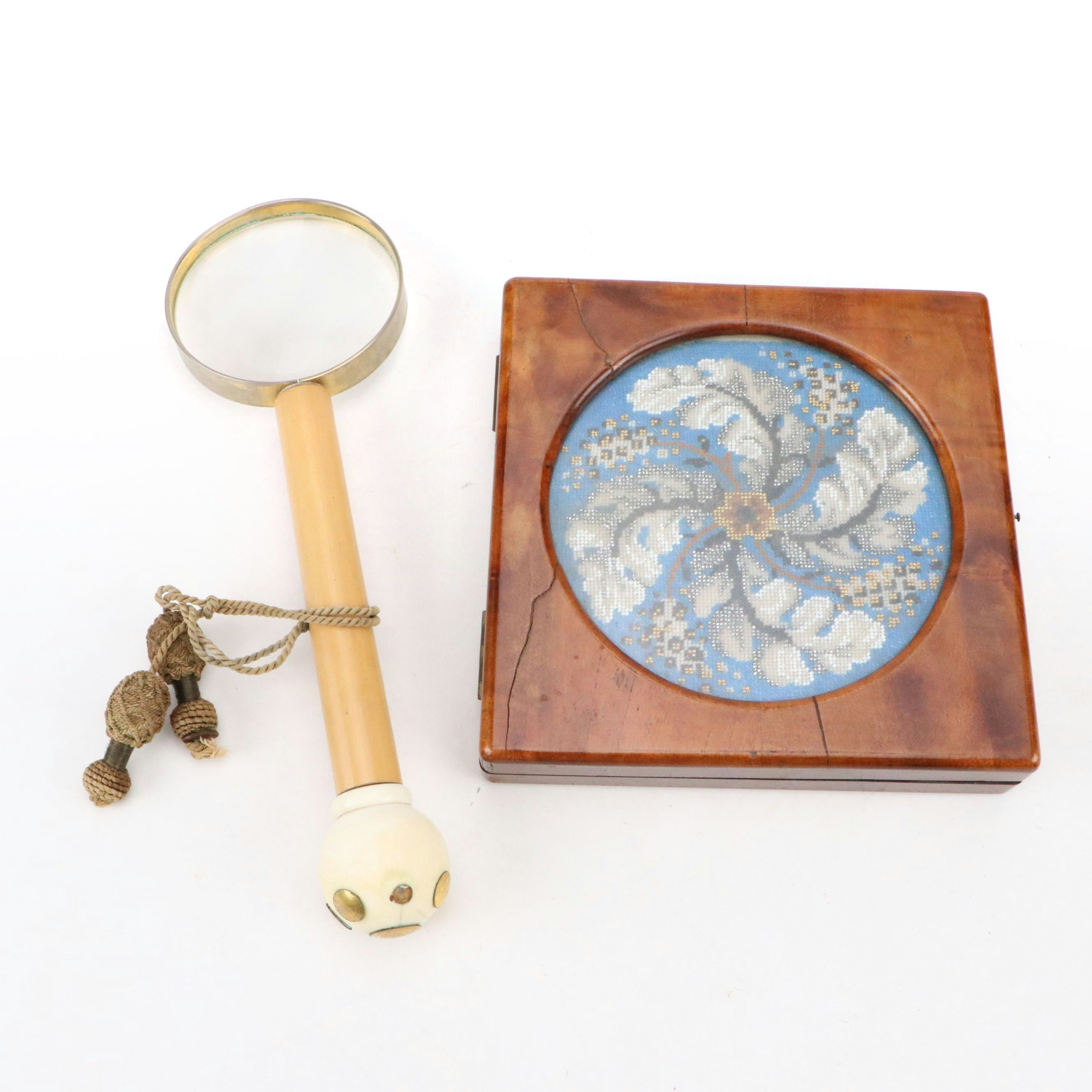 Walnut and Glass Beaded Game Box with Celluloid Tokens and Magnifying Glass