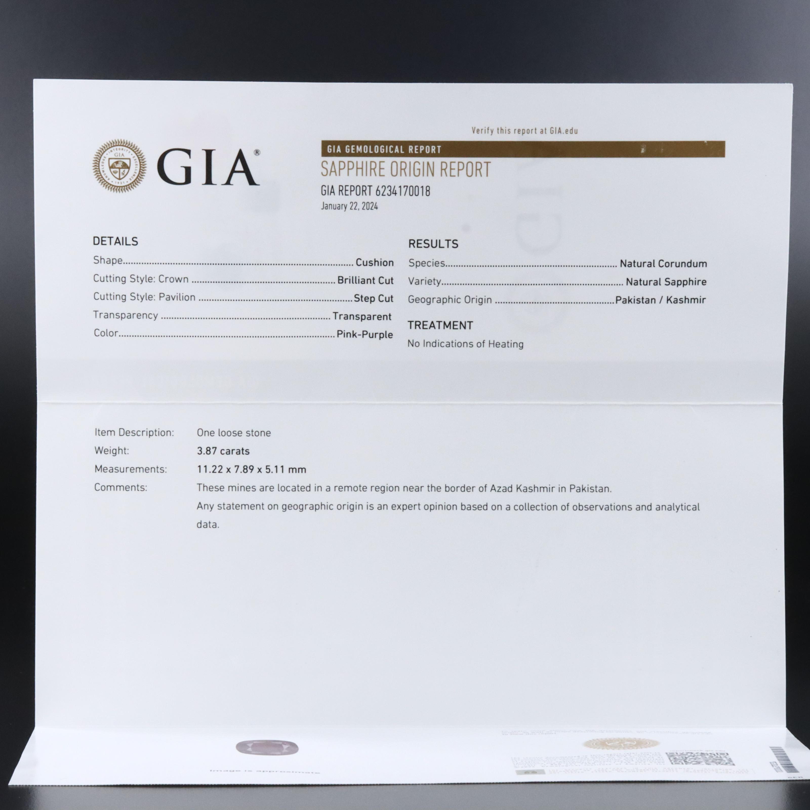 Loose 3.87 CT Unheated Kashmir Sapphire with GIA Report