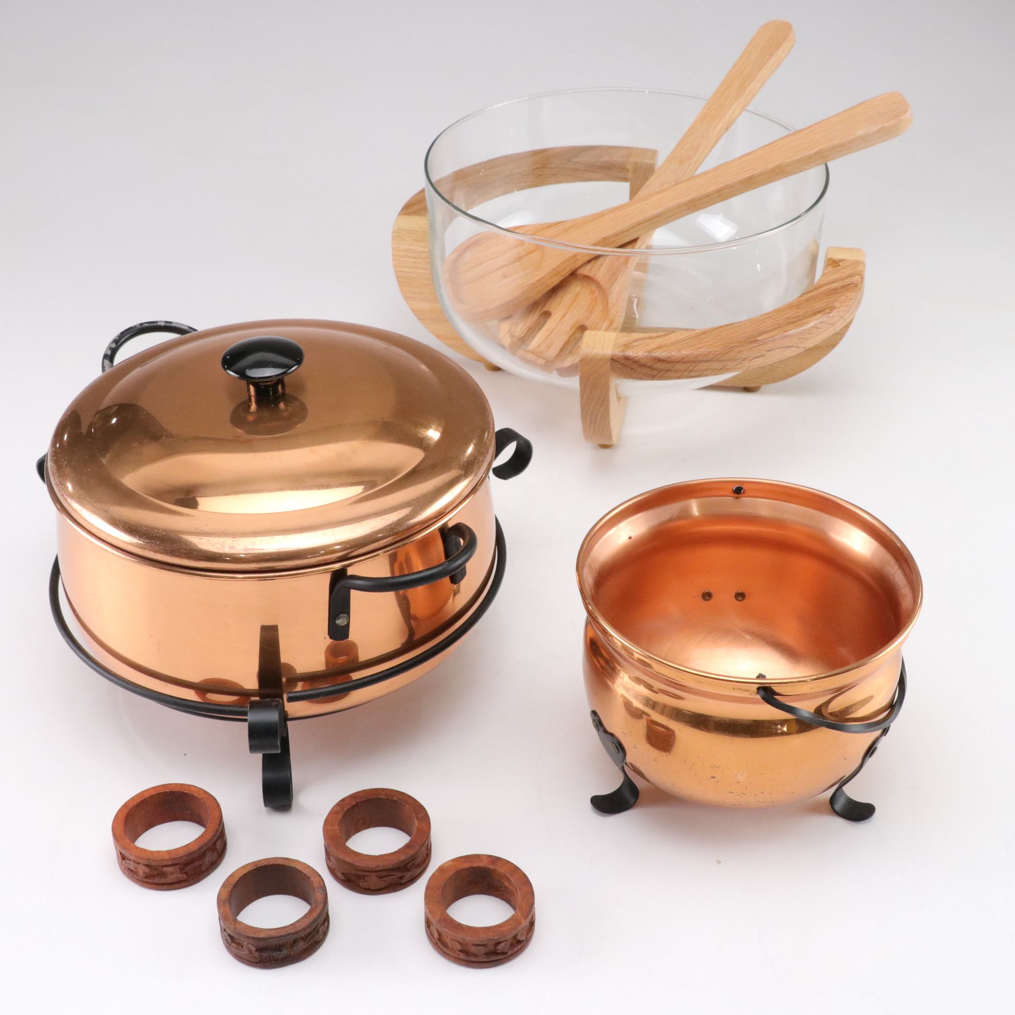 Glass Salad Bowl with Wood Stand and Tongs, Coppercraft Guild Items and More