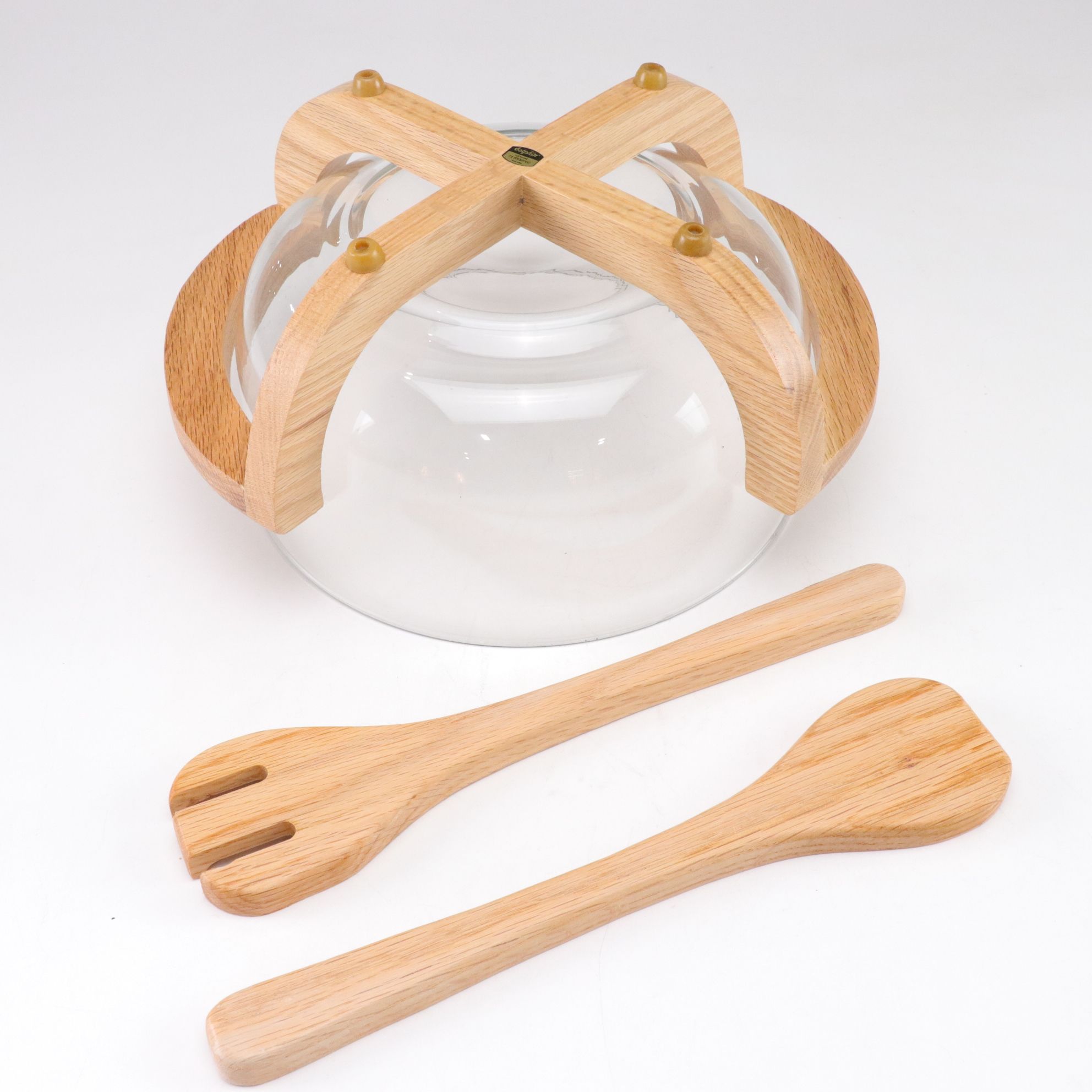 Glass Salad Bowl with Wood Stand and Tongs, Coppercraft Guild Items and More