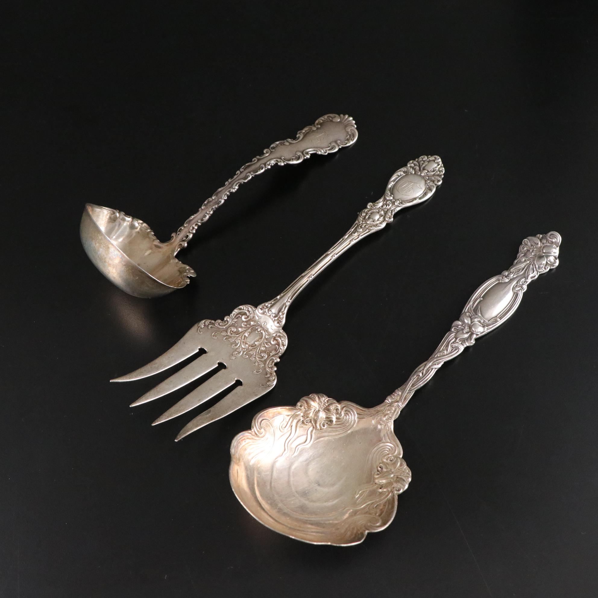 Silver Plate Serving Tray, Sugar Bowl, Creamer with Sterling Serving Utensils