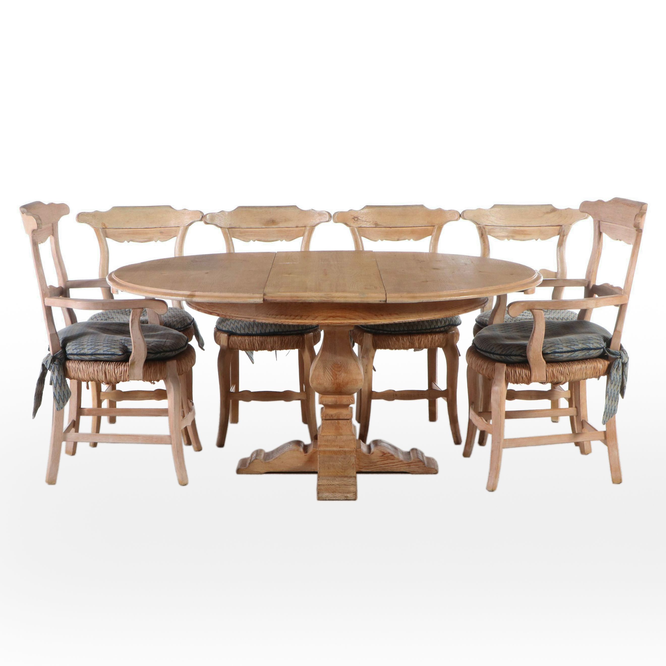 Oak Pedestal Dining Table with Six Rush-Seat Chairs