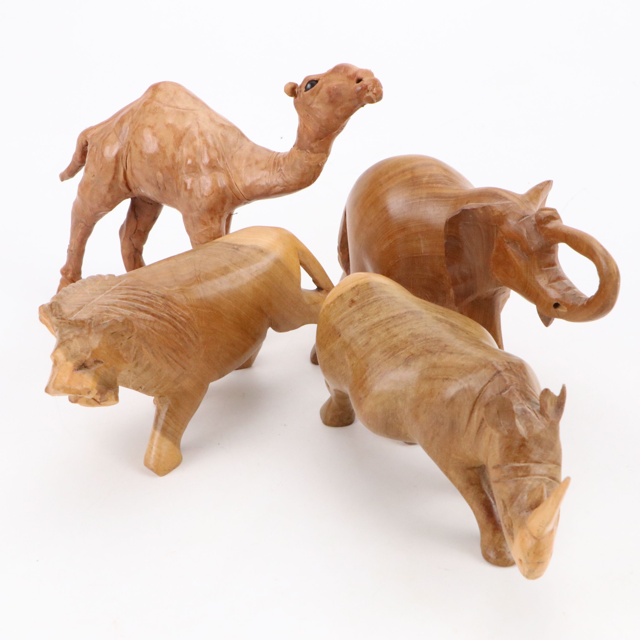 Wrapped Leather Camel and Carved Wood African Wildlife