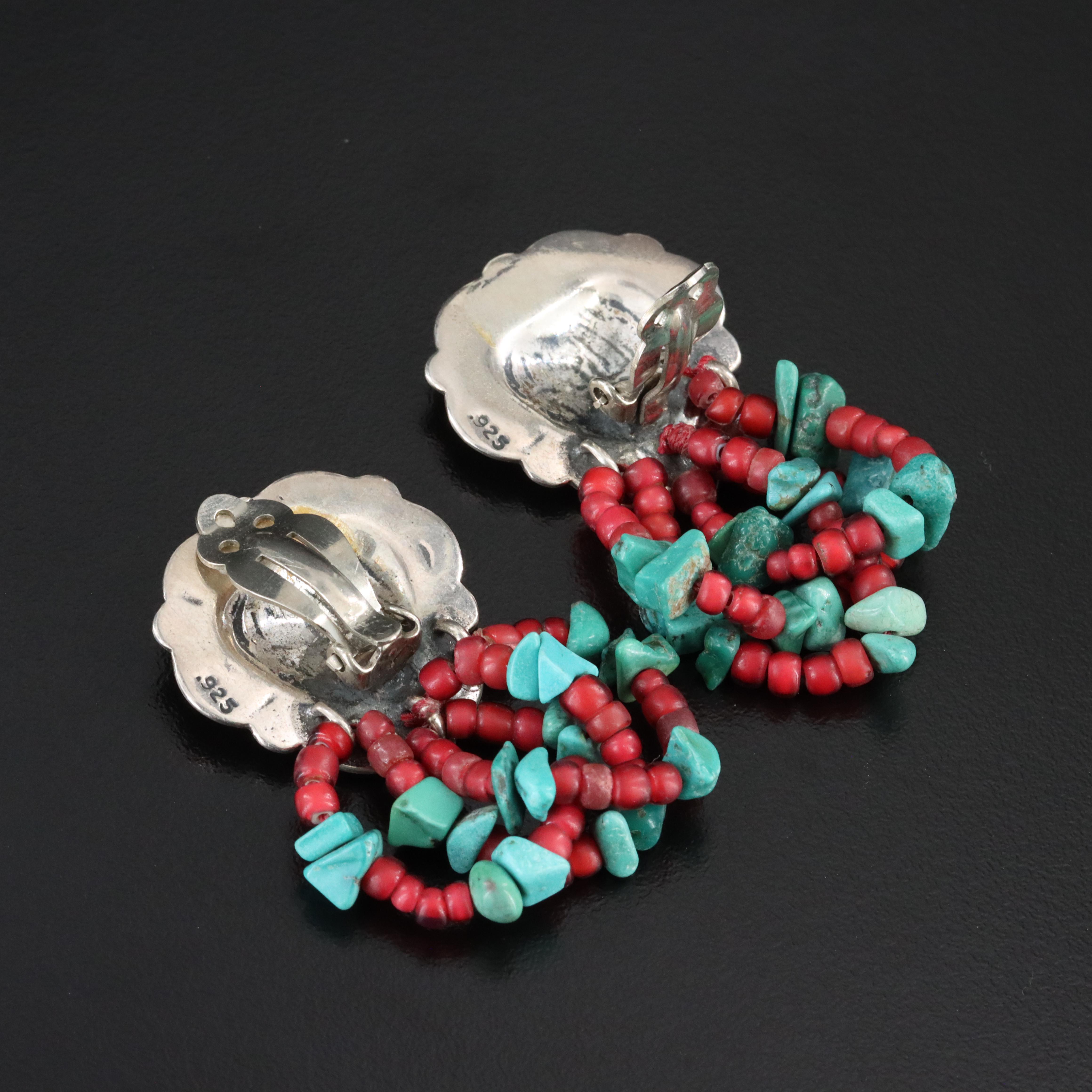 Western Sterling Turquoise and Faux Coral Earrings
