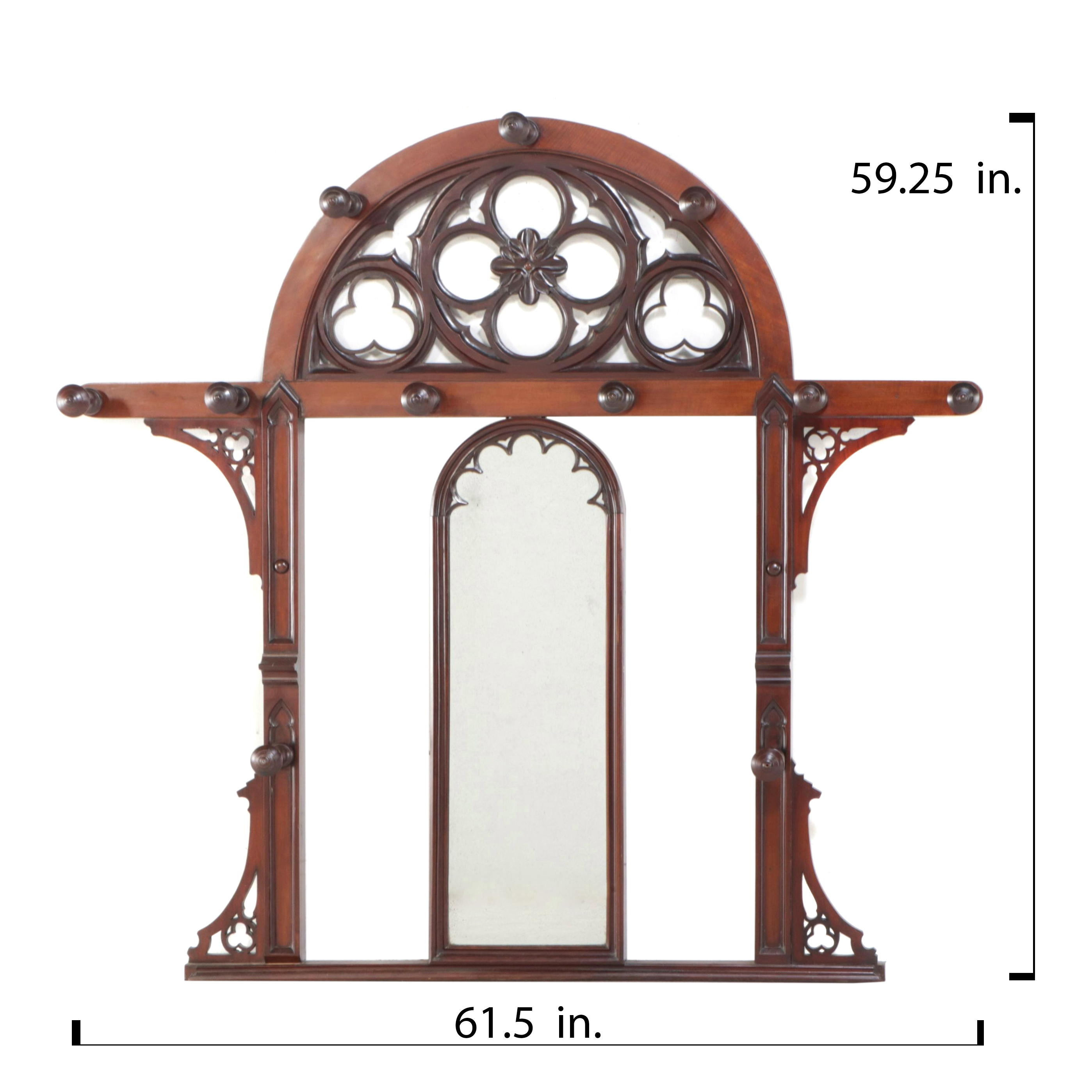 Gothic Revival Mahogany Framed Wall Mirror with Coat Hooks