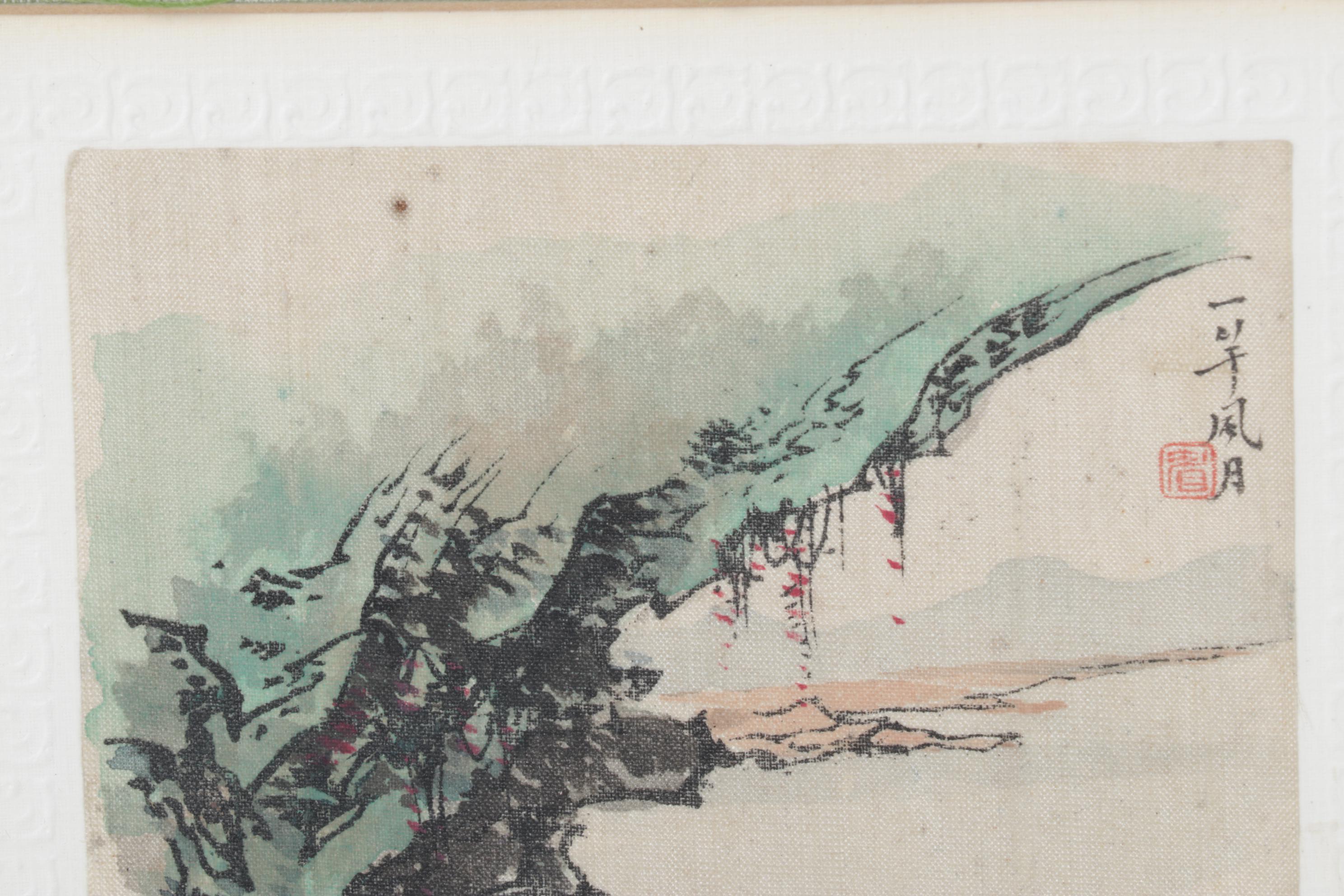 Chinese Watercolor Landscape Painting of Lone Fisherman In Mountain River Valley
