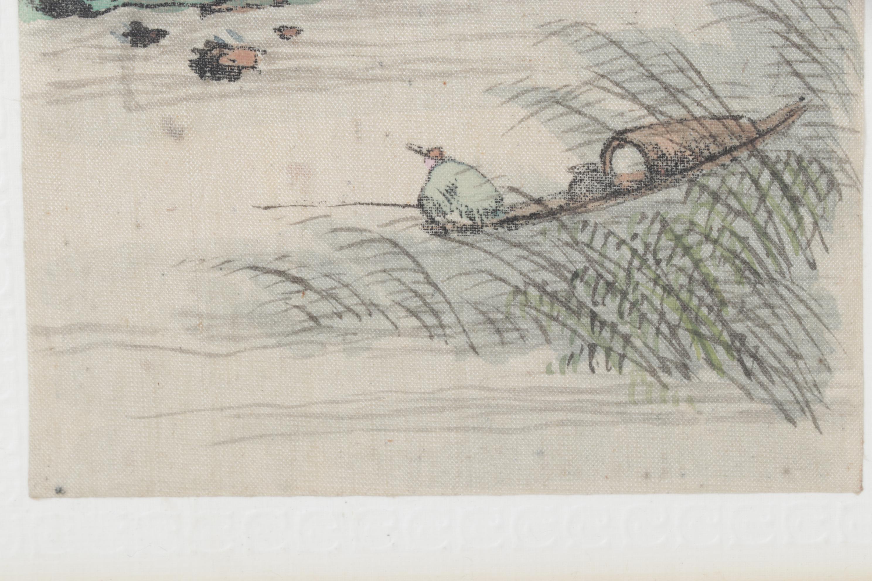 Chinese Watercolor Landscape Painting of Lone Fisherman In Mountain River Valley