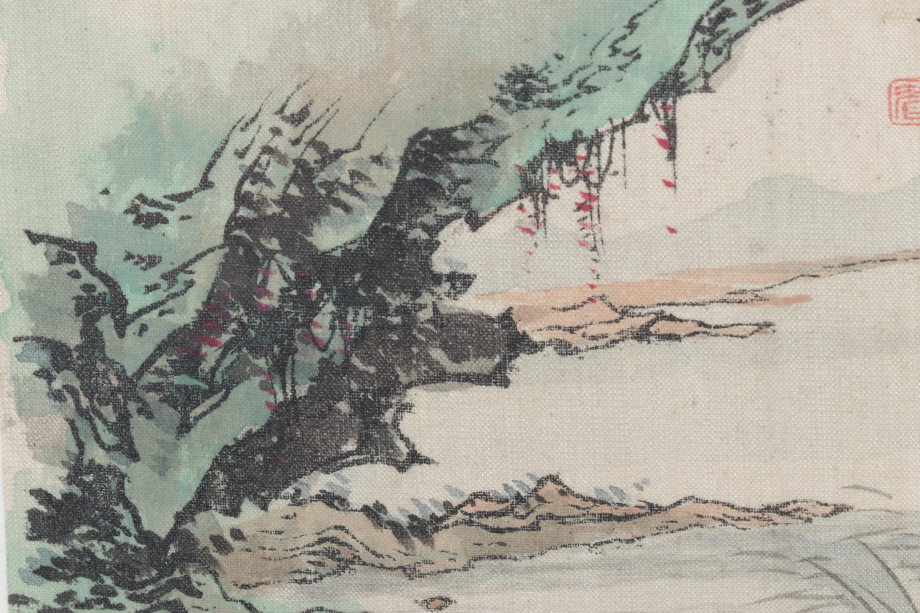 Chinese Watercolor Landscape Painting of Lone Fisherman In Mountain River Valley