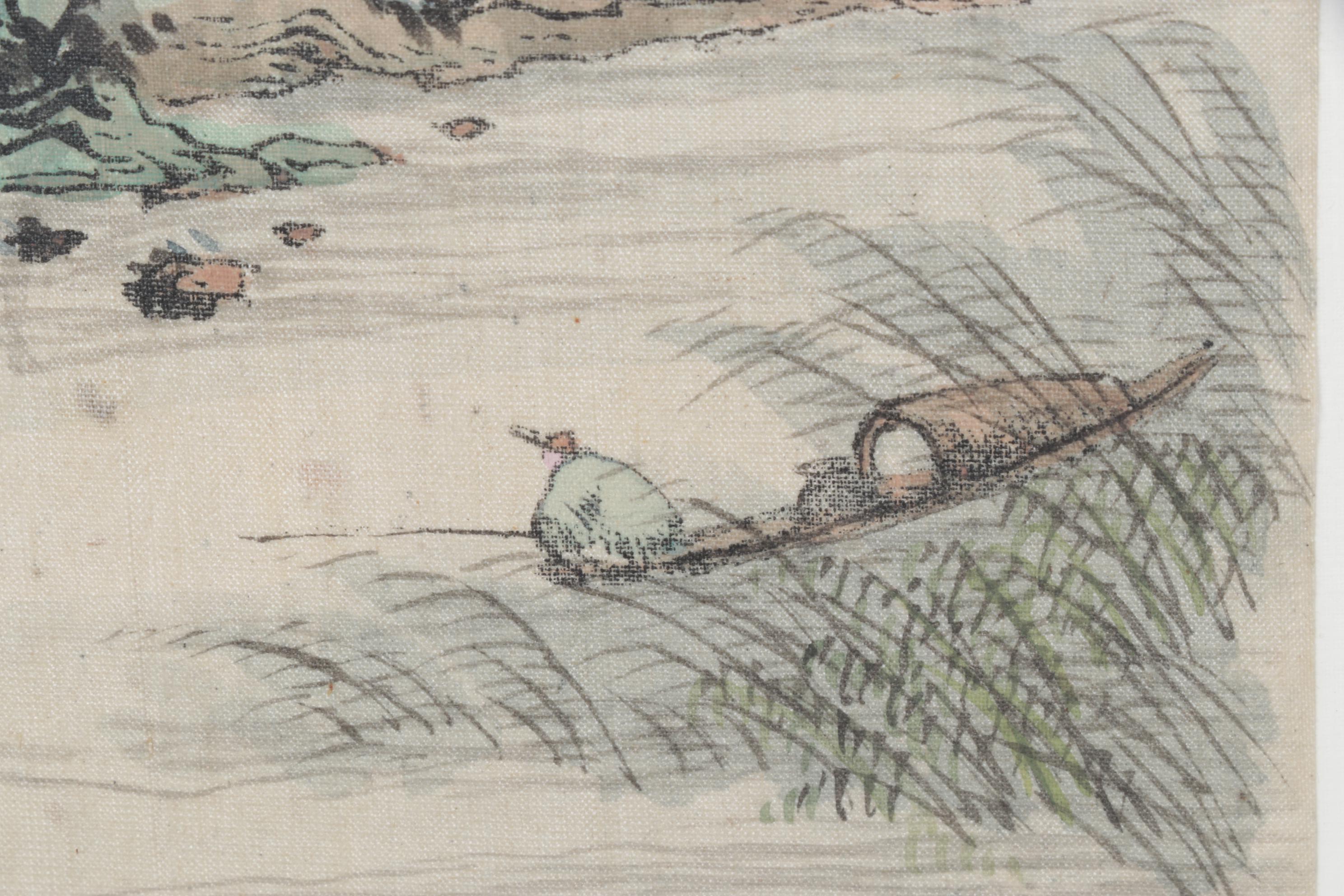 Chinese Watercolor Landscape Painting of Lone Fisherman In Mountain River Valley