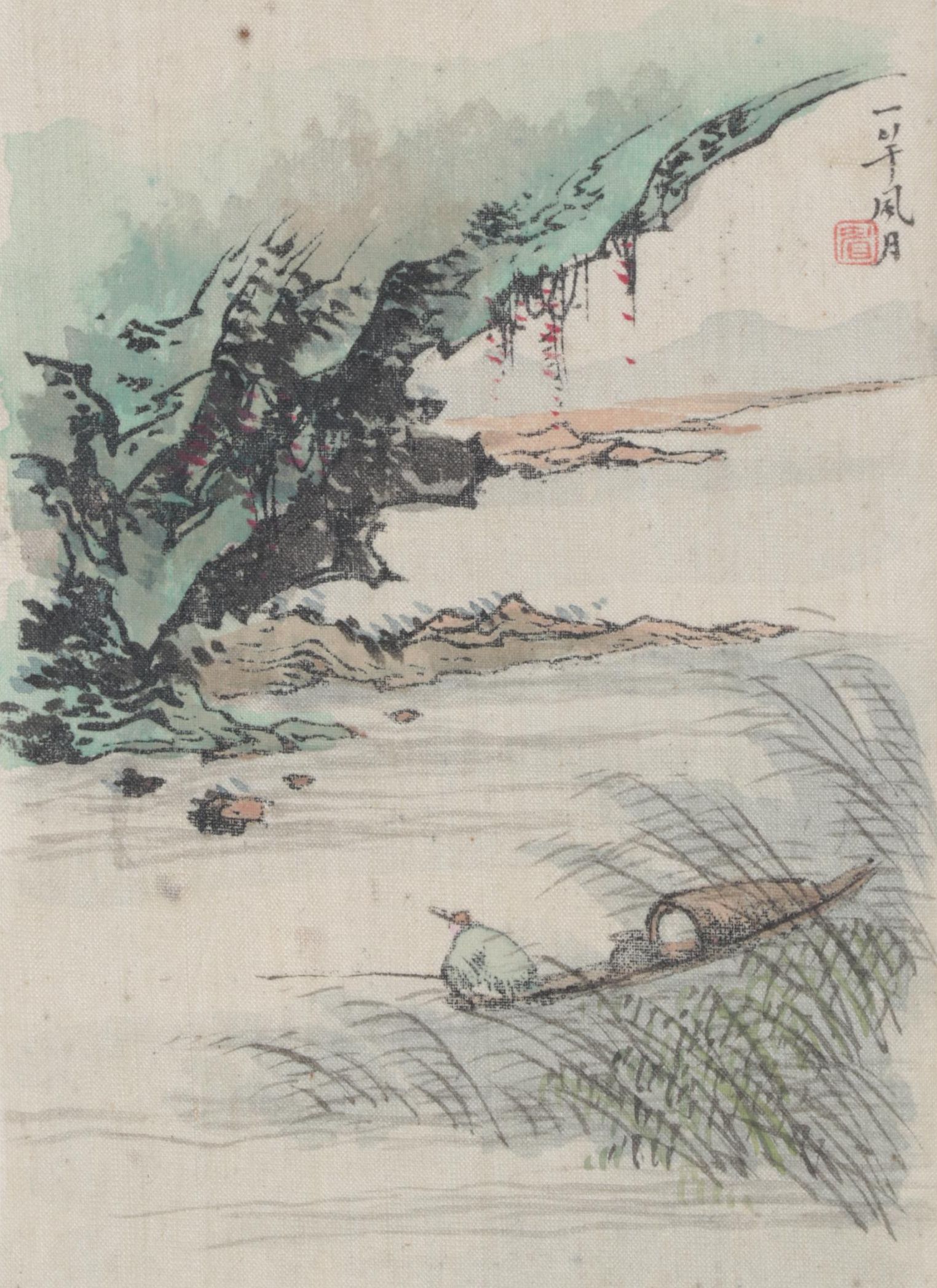 Chinese Watercolor Landscape Painting of Lone Fisherman In Mountain River Valley