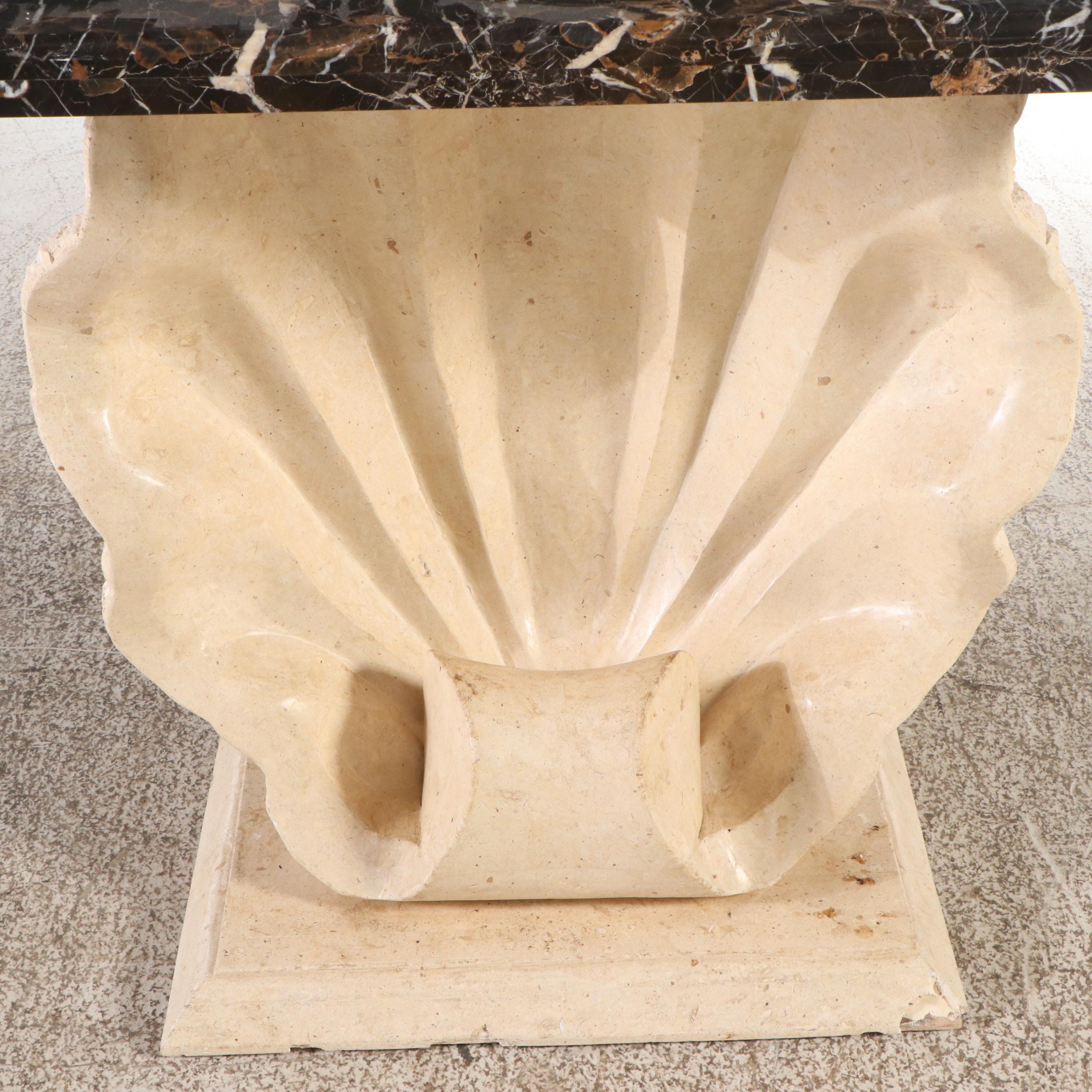 Carved Travertine Marble Shell-Form Console Table with Black and Gold Marble Top