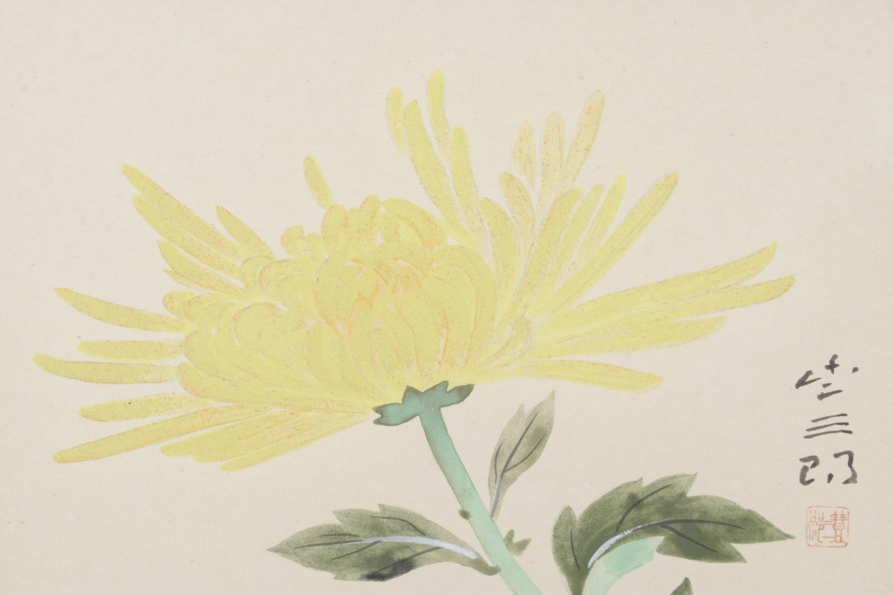 Japanese Gouache & Ink Illustration of Chrysanthemum