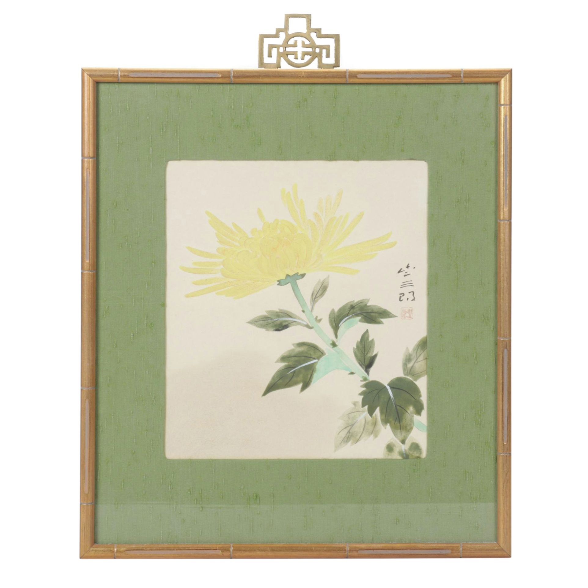 Japanese Gouache & Ink Illustration of Chrysanthemum