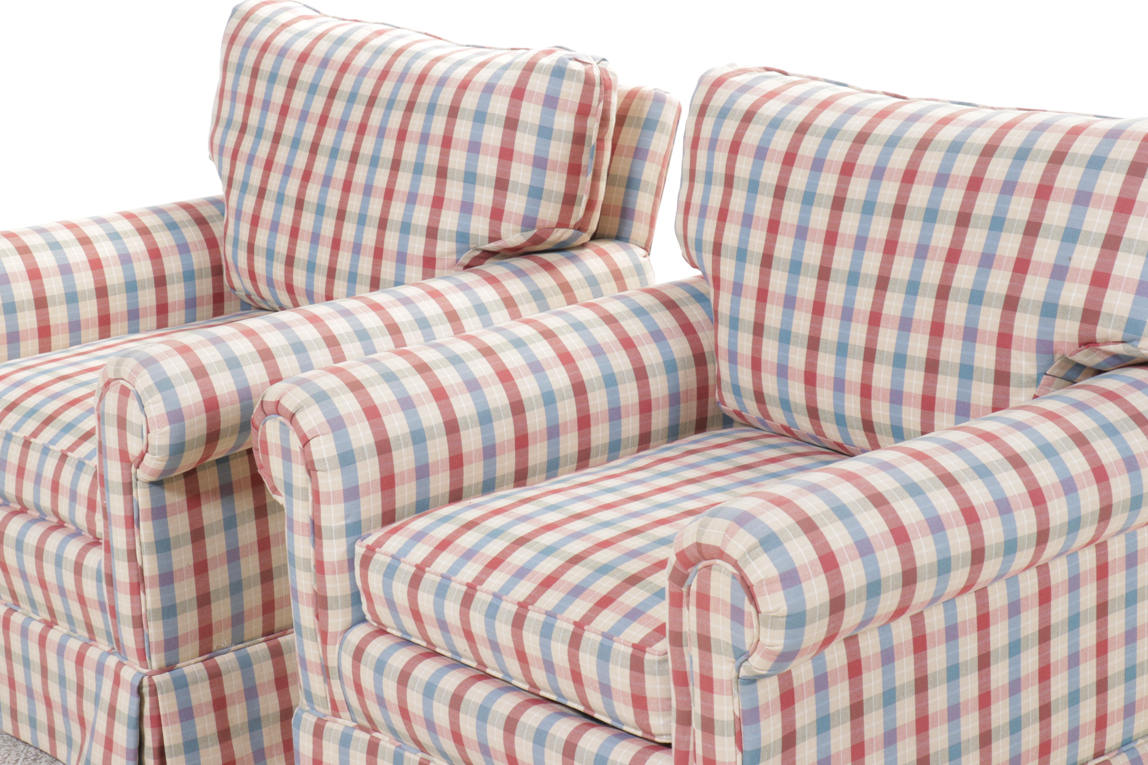 Pair of Plaid Fabric Upholstered Roll Arm Club Chairs