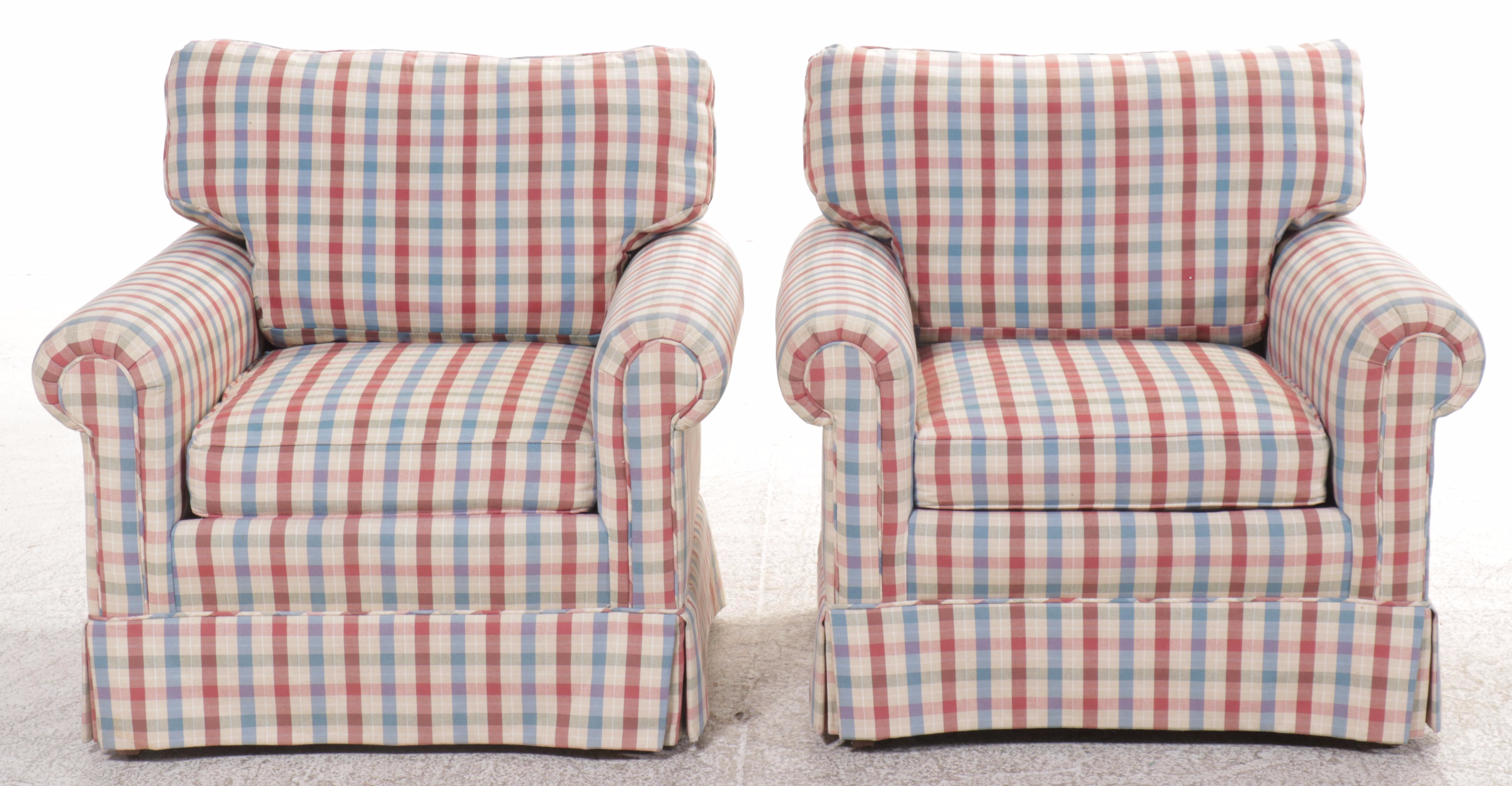 Pair of Plaid Fabric Upholstered Roll Arm Club Chairs