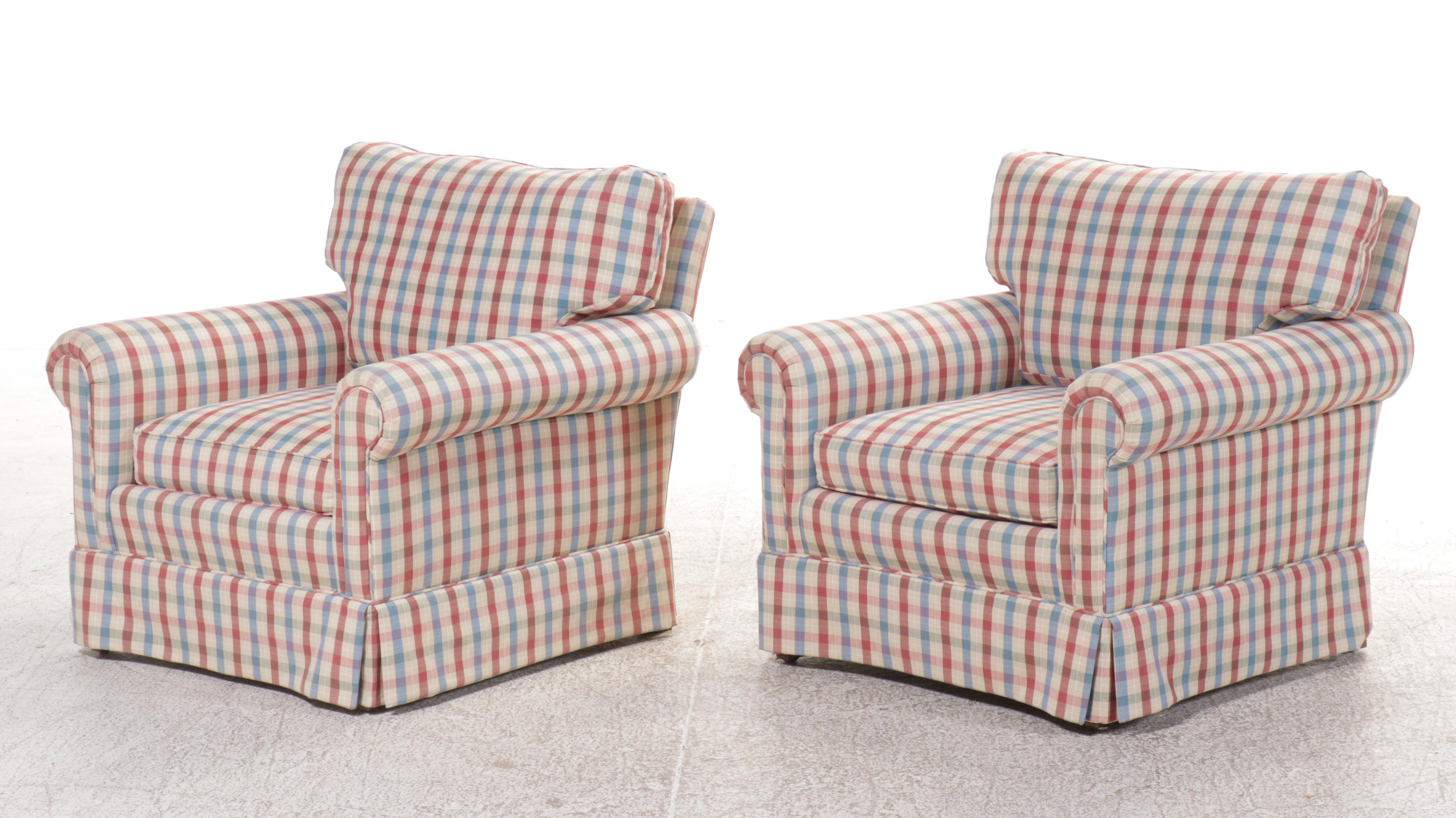 Pair of Plaid Fabric Upholstered Roll Arm Club Chairs