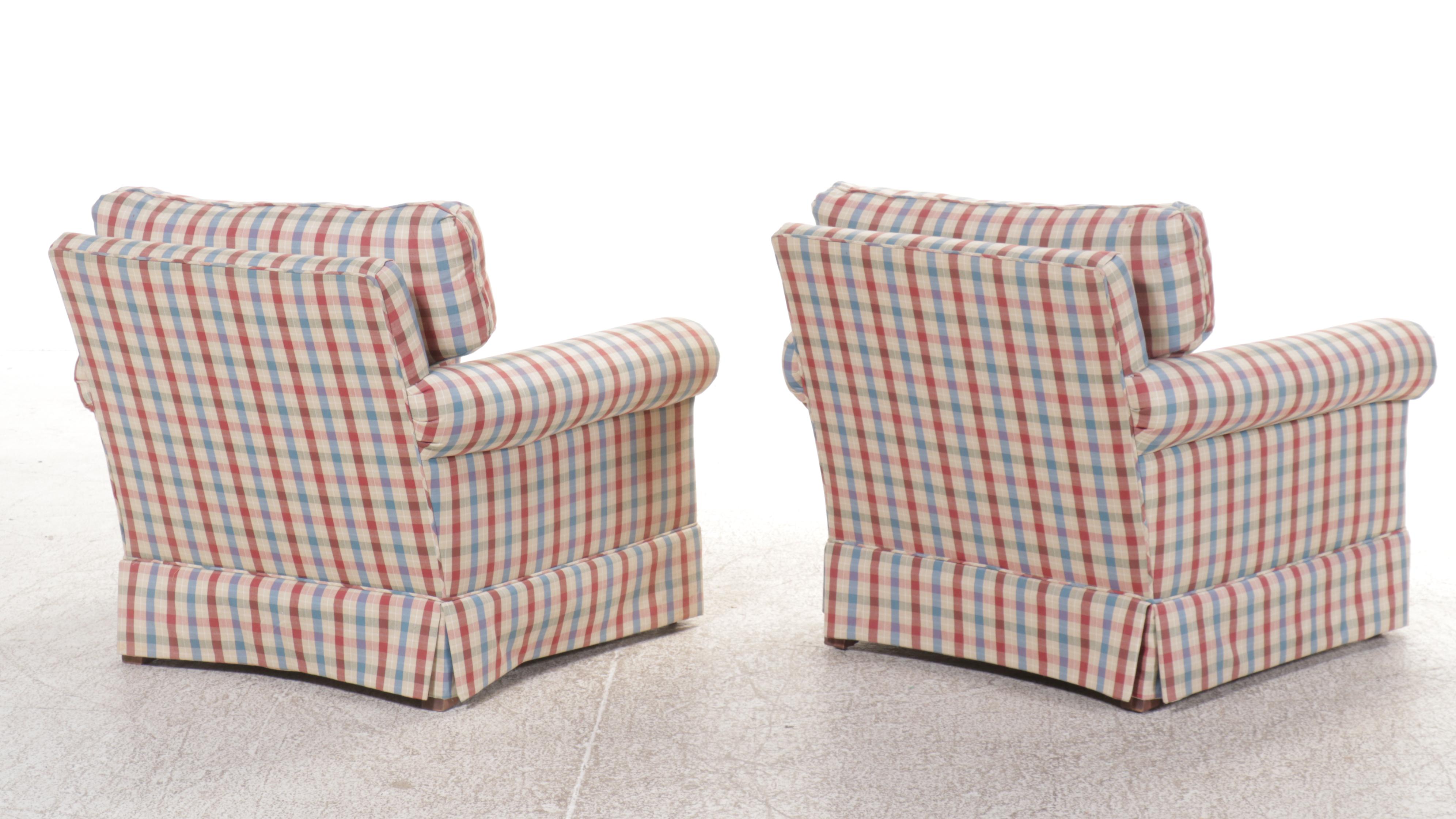 Pair of Plaid Fabric Upholstered Roll Arm Club Chairs