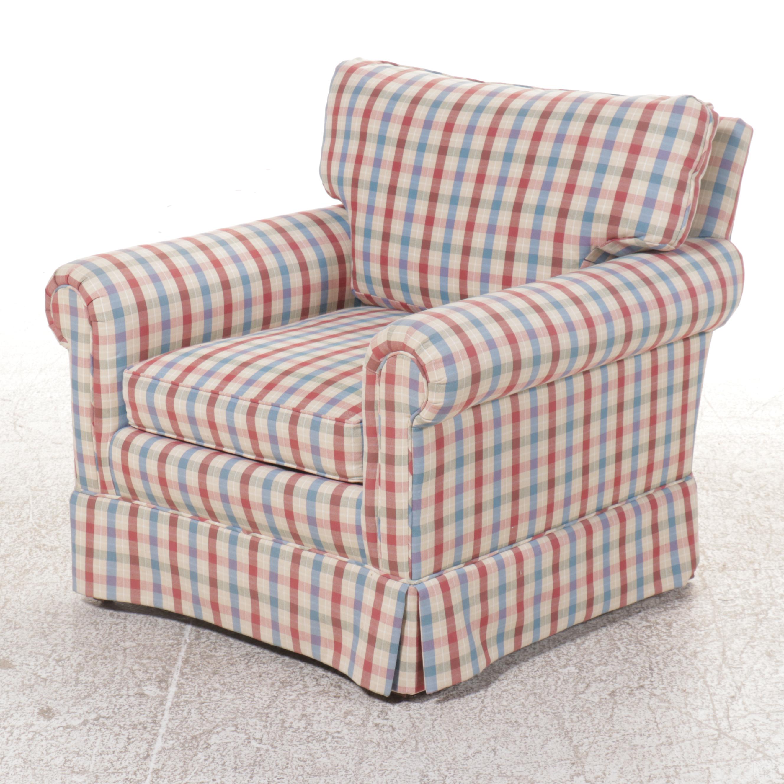 Pair of Plaid Fabric Upholstered Roll Arm Club Chairs